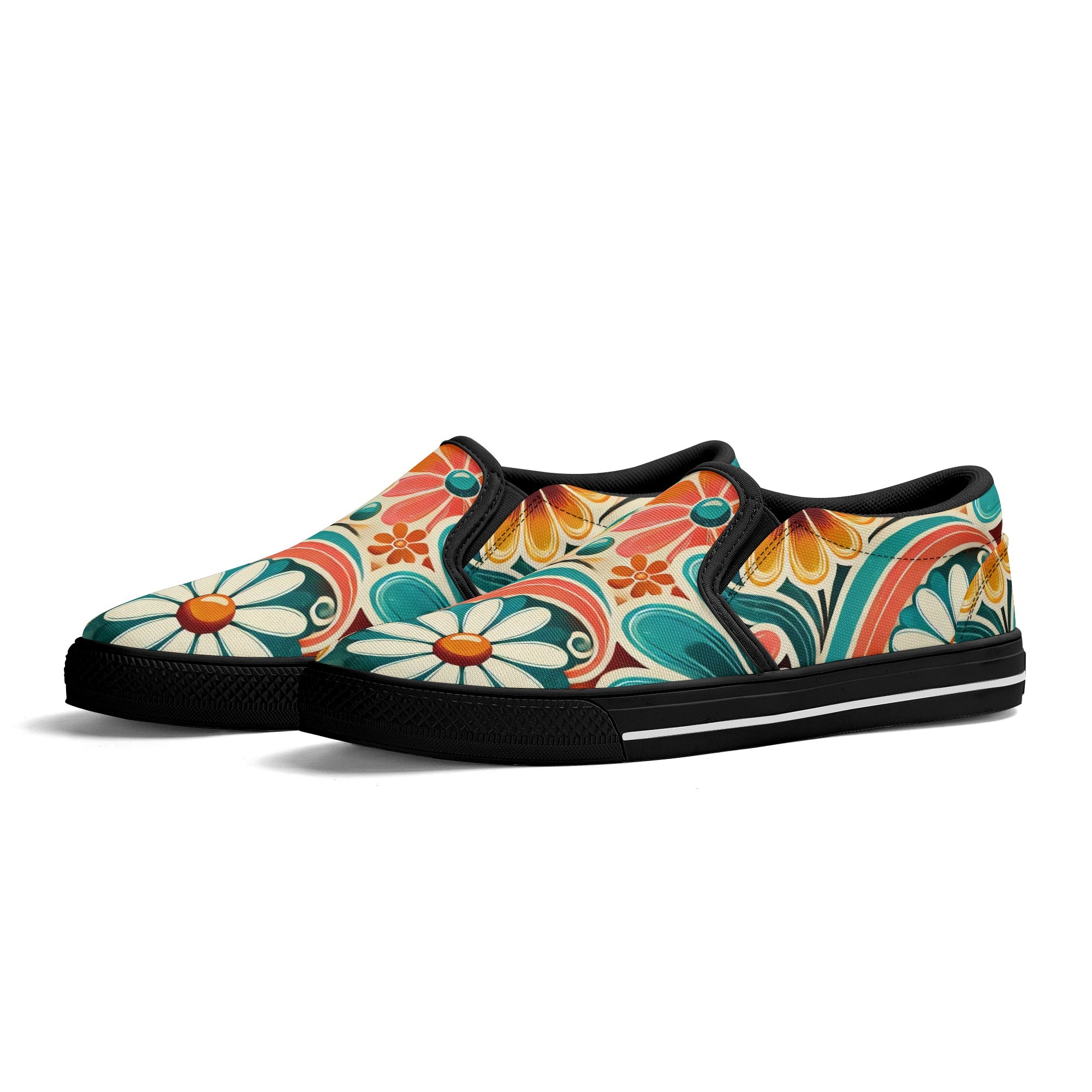 Flower Power Retro Groovy Mod Canvas Loafer Shoes With Kitschy Fun Mod Florals - Mid Century Modern Gal