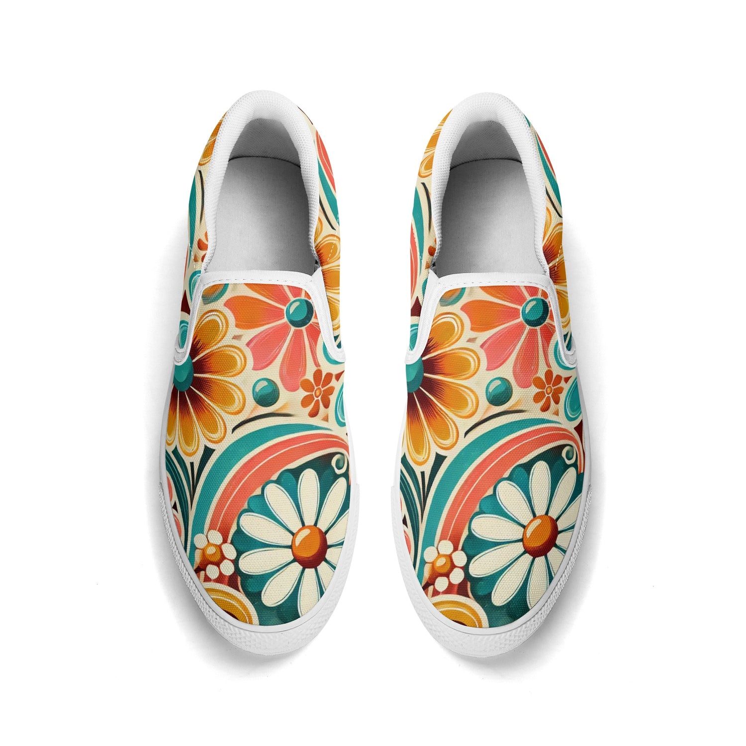 Flower Power Retro Groovy Mod Canvas Loafer Shoes With Kitschy Fun Mod Florals - Mid Century Modern Gal