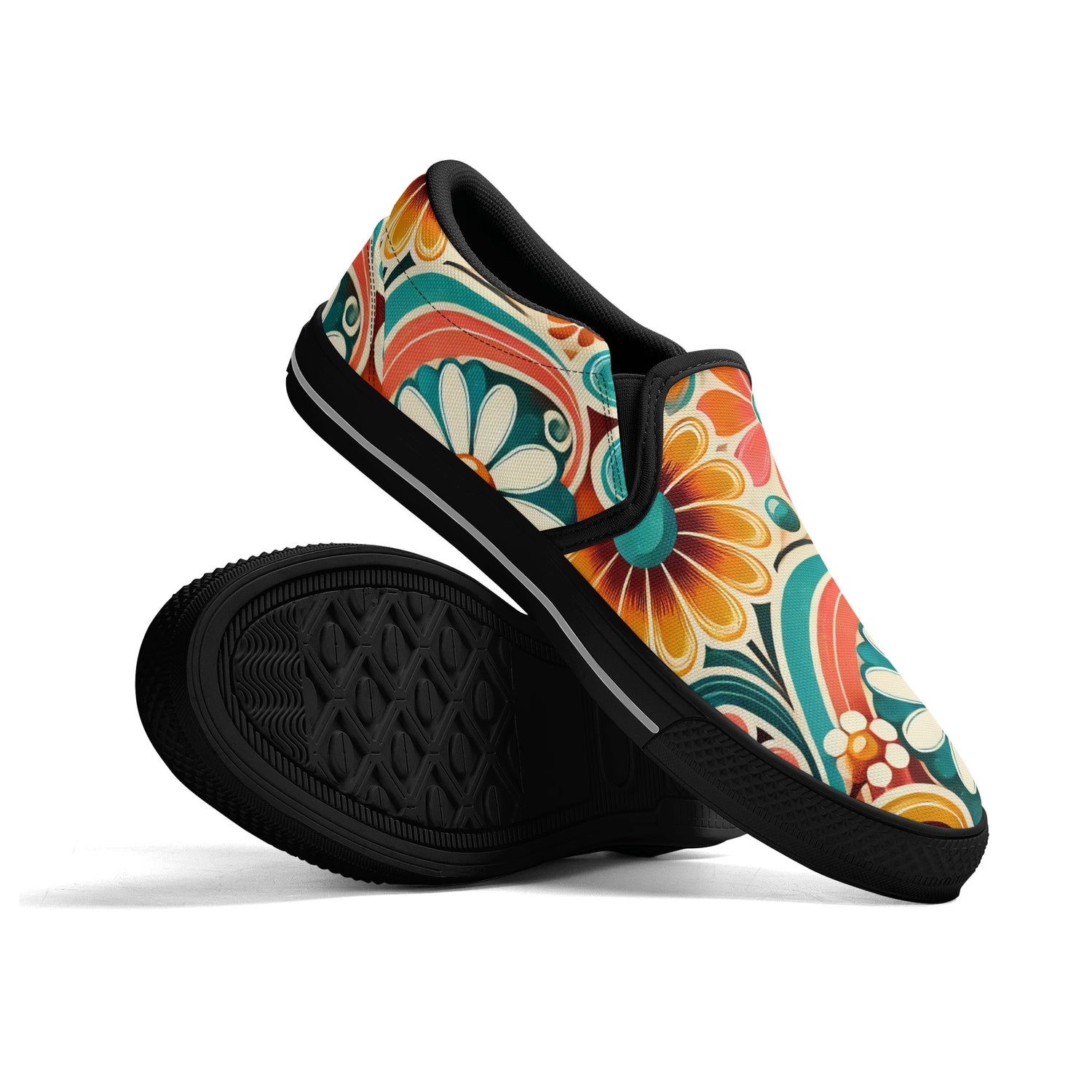 Flower Power Retro Groovy Mod Canvas Loafer Shoes With Kitschy Fun Mod Florals - Mid Century Modern Gal