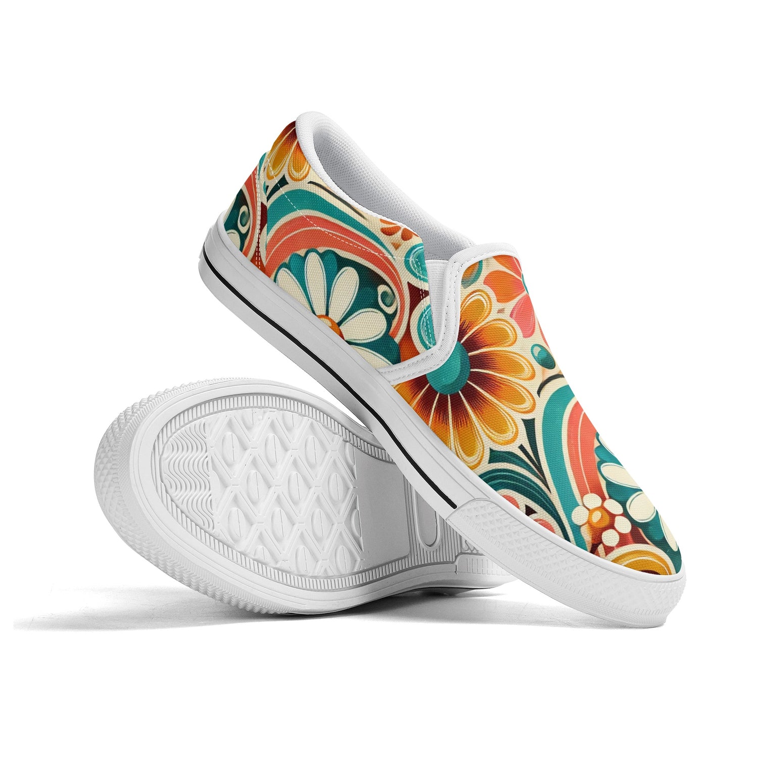 Flower Power Retro Groovy Mod Canvas Loafer Shoes With Kitschy Fun Mod Florals - Mid Century Modern Gal