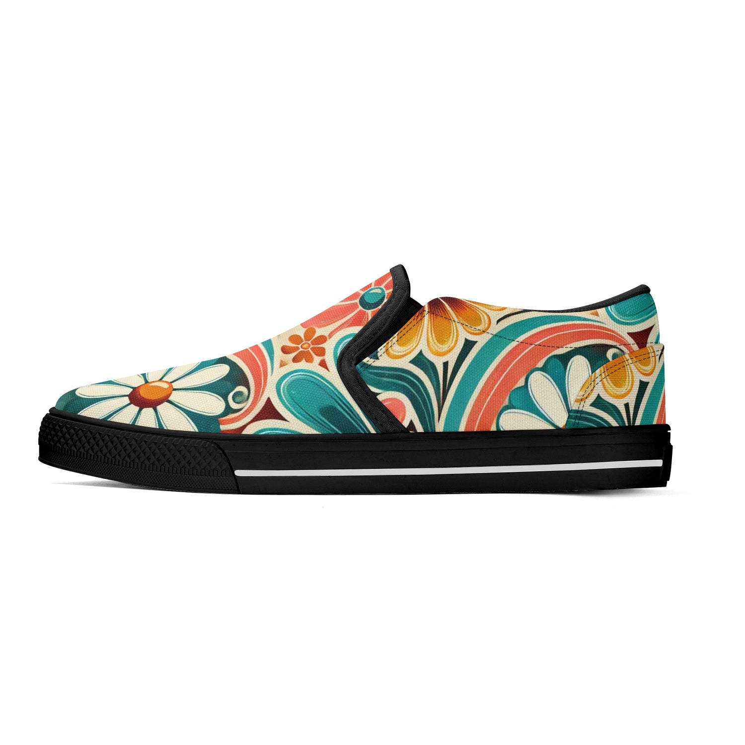 Flower Power Retro Groovy Mod Canvas Loafer Shoes With Kitschy Fun Mod Florals - Mid Century Modern Gal