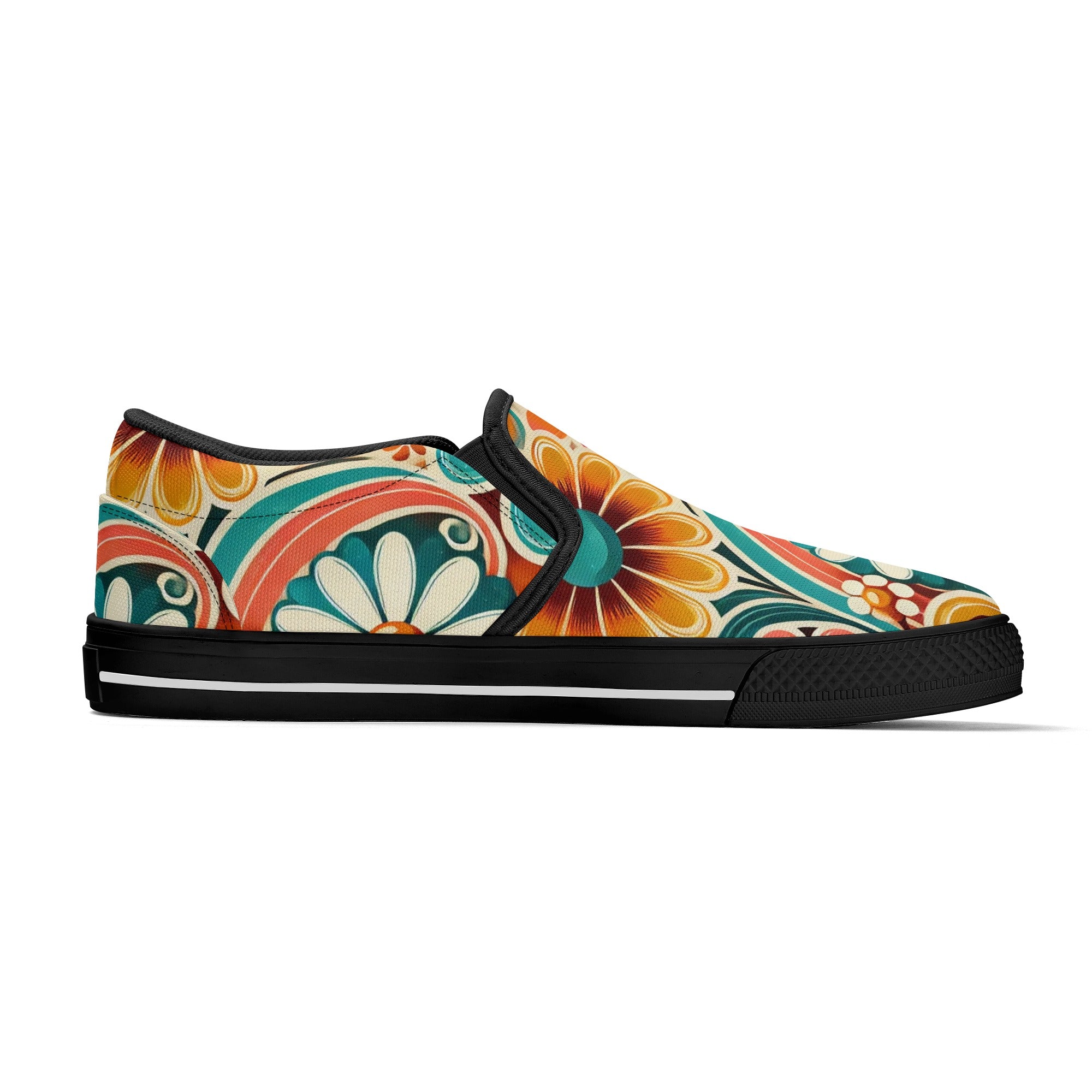 Flower Power Retro Groovy Mod Canvas Loafer Shoes With Kitschy Fun Mod Florals - Mid Century Modern Gal