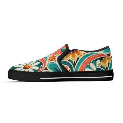 Flower Power Retro Groovy Mod Canvas Loafer Shoes With Kitschy Fun Mod Florals - Mid Century Modern Gal