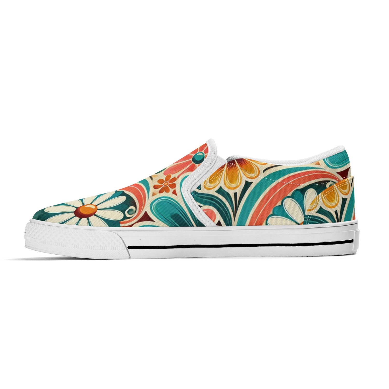 Flower Power Retro Groovy Mod Canvas Loafer Shoes With Kitschy Fun Mod Florals - Mid Century Modern Gal