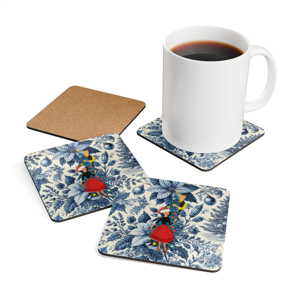 Christmas Blue Toile, Kitschy 50s Holiday Corkwood Coaster Set - Mid Century Modern Gal