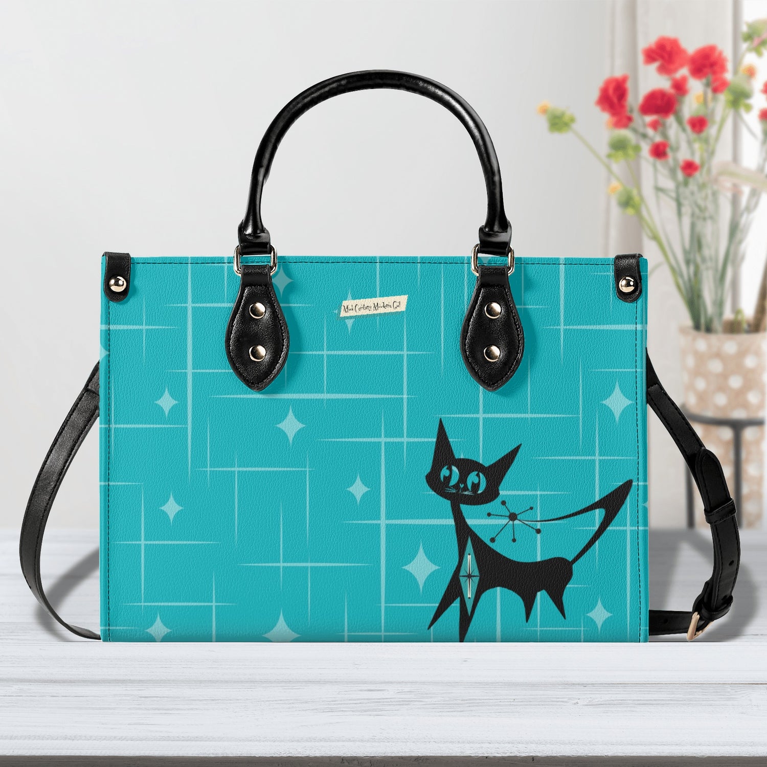Mid Century Modern Gal Signature Handbag, Atomic Cat, Atomic Kitschy Handbag, Shoulder Bag Teal, Pink - Mid Century Modern Gal