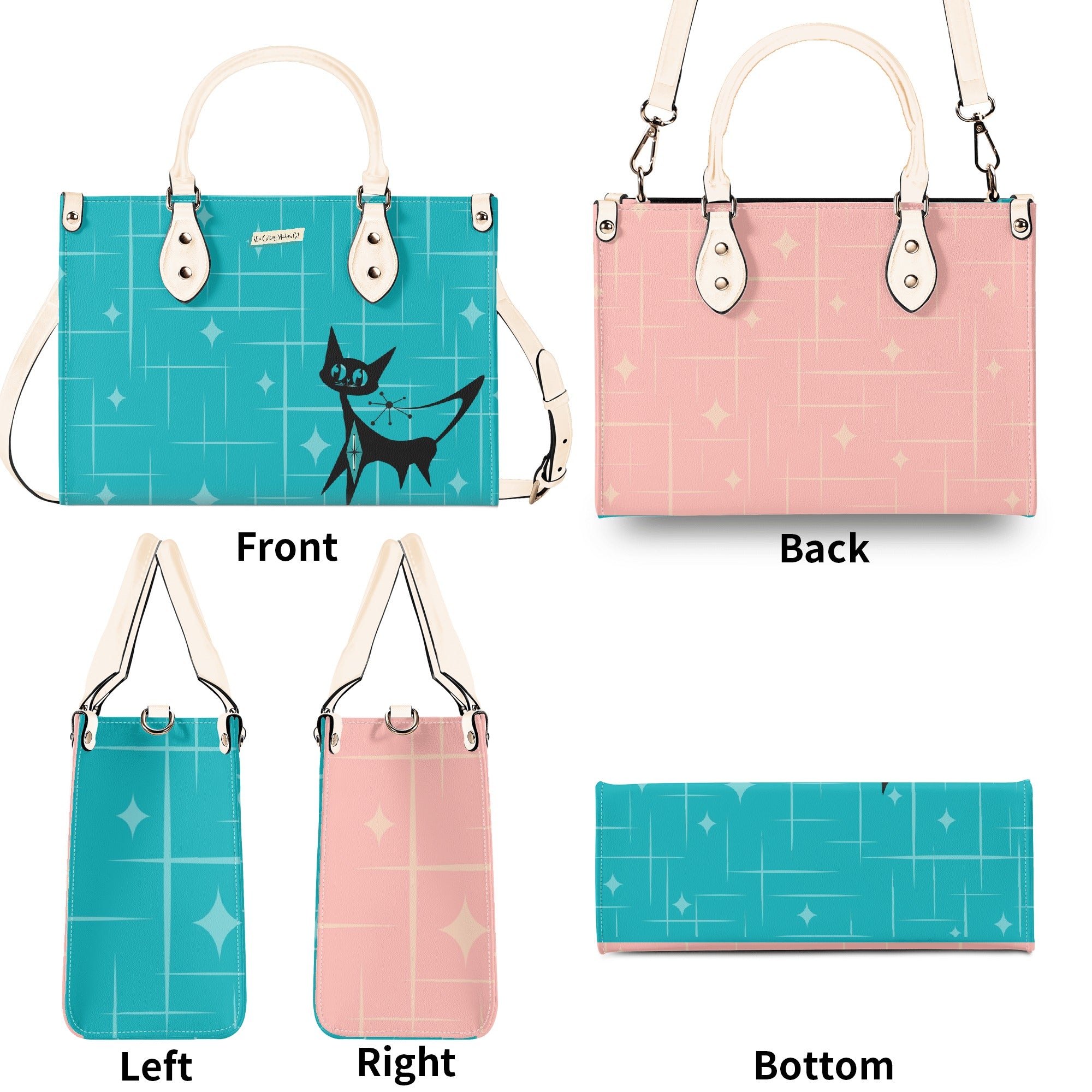 Mid Century Modern Gal Signature Handbag, Atomic Cat, Atomic Kitschy Handbag, Shoulder Bag Teal, Pink - Mid Century Modern Gal