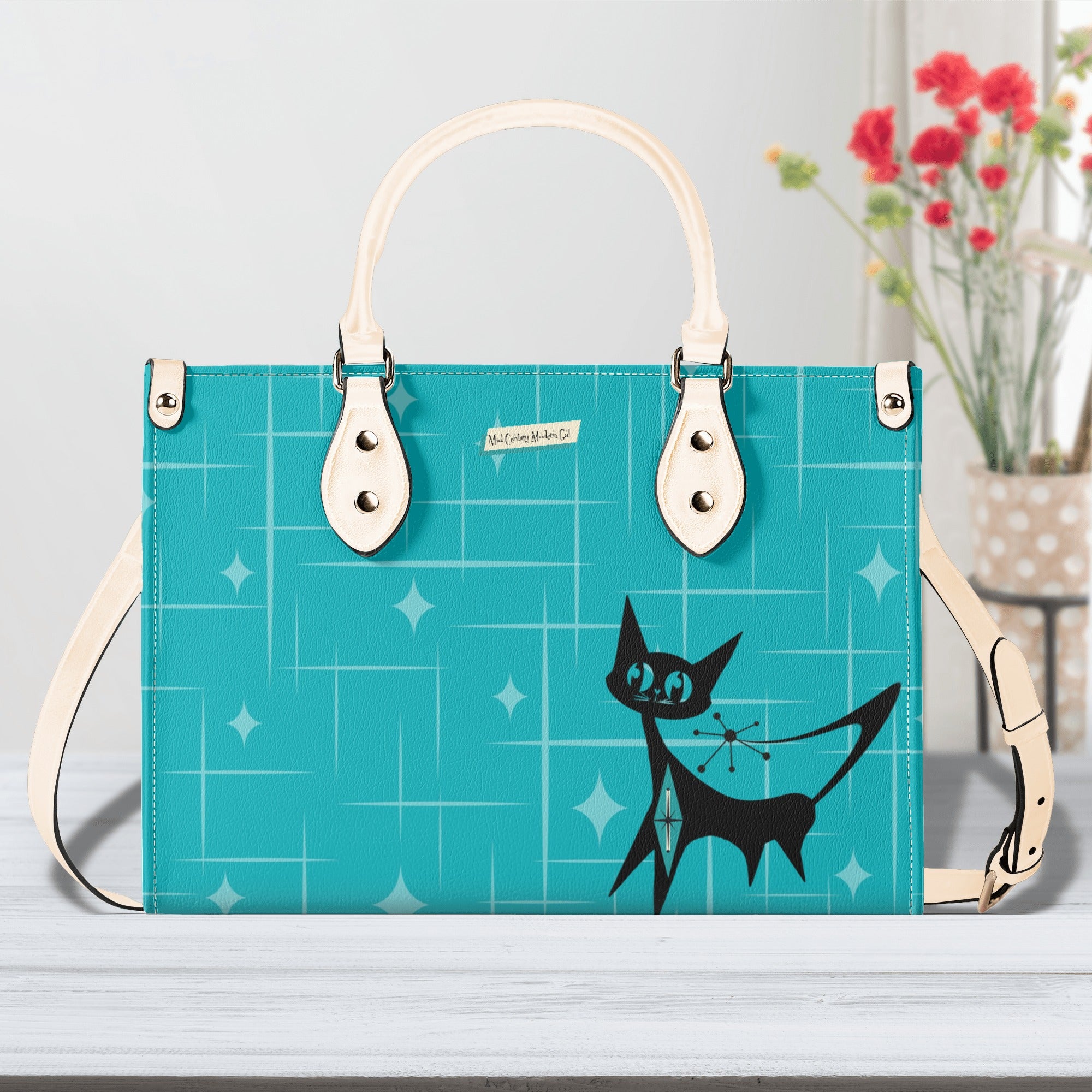 Mid Century Modern Gal Signature Handbag, Atomic Cat, Atomic Kitschy Handbag, Shoulder Bag Teal, Pink - Mid Century Modern Gal