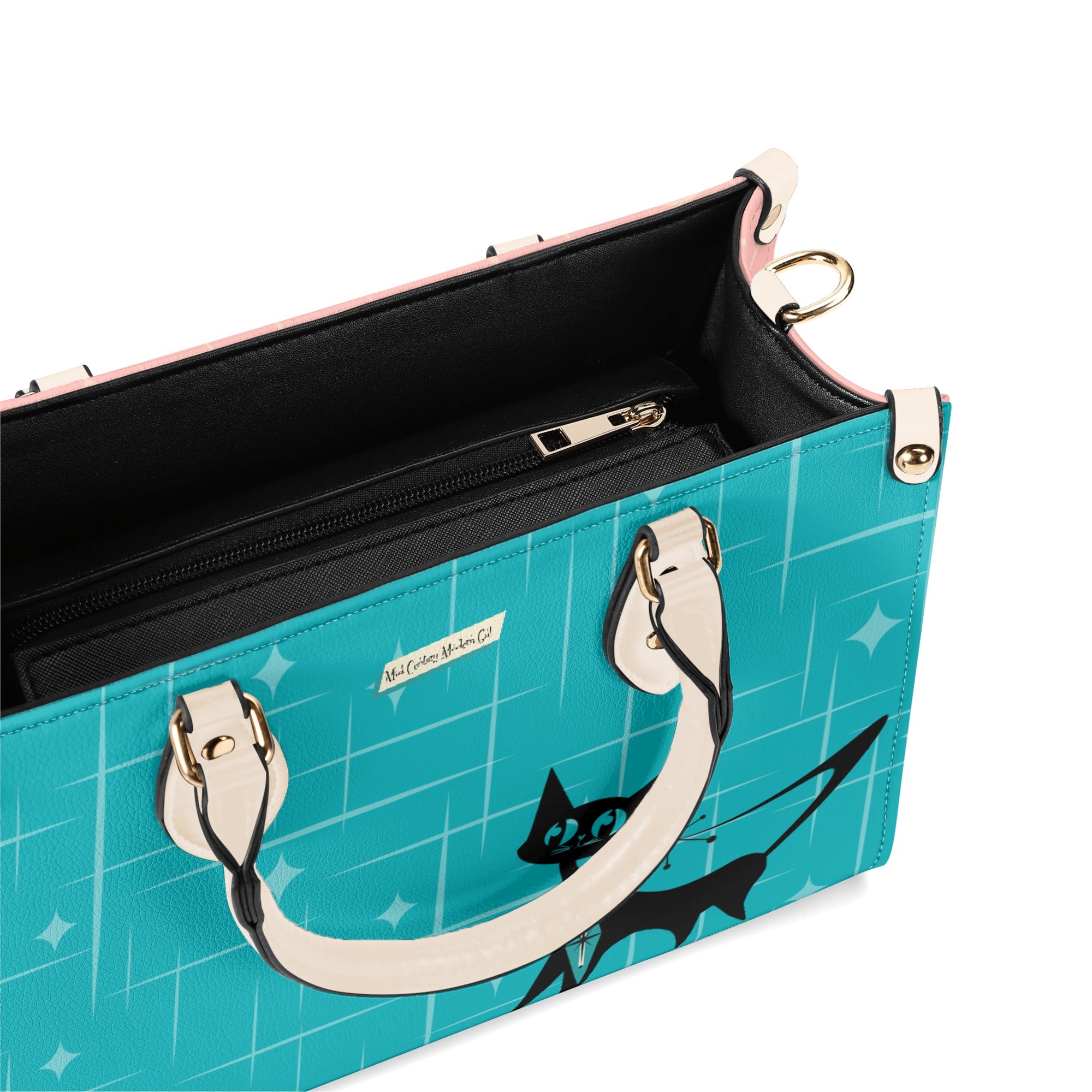 Mid Century Modern Gal Signature Handbag, Atomic Cat, Atomic Kitschy Handbag, Shoulder Bag Teal, Pink - Mid Century Modern Gal