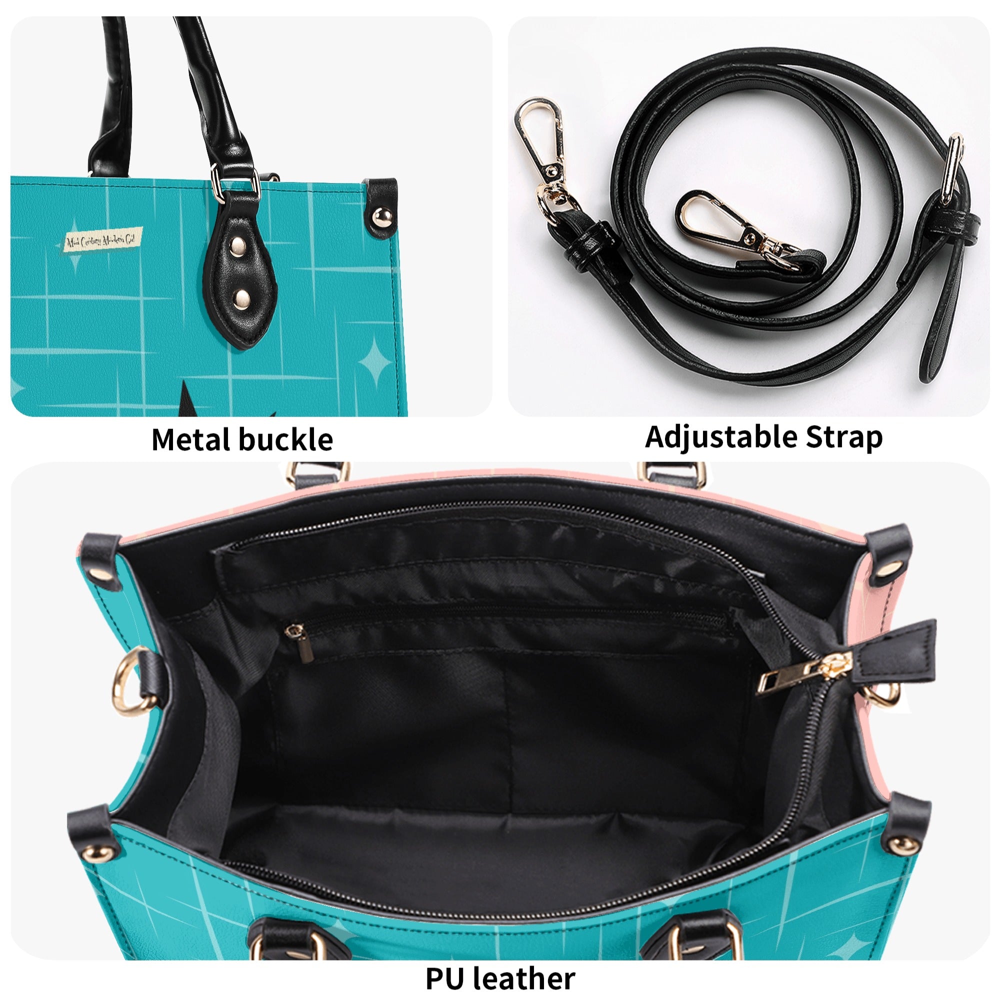 Mid Century Modern Gal Signature Handbag, Atomic Cat, Atomic Kitschy Handbag, Shoulder Bag Teal, Pink - Mid Century Modern Gal