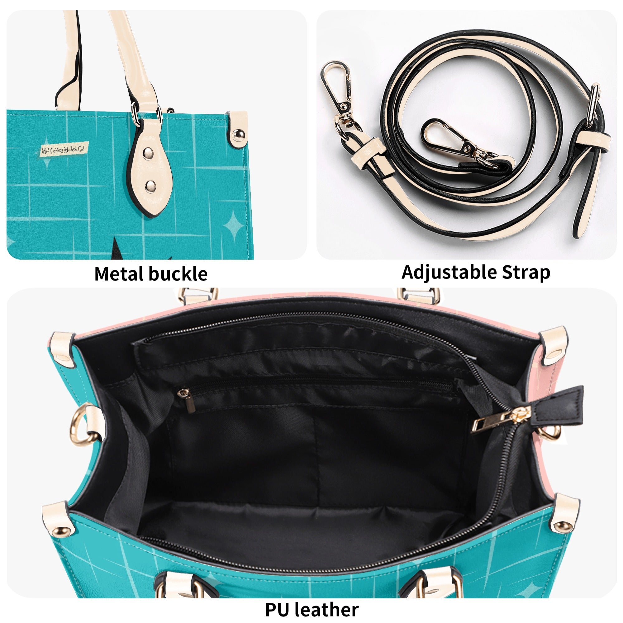 Mid Century Modern Gal Signature Handbag, Atomic Cat, Atomic Kitschy Handbag, Shoulder Bag Teal, Pink - Mid Century Modern Gal