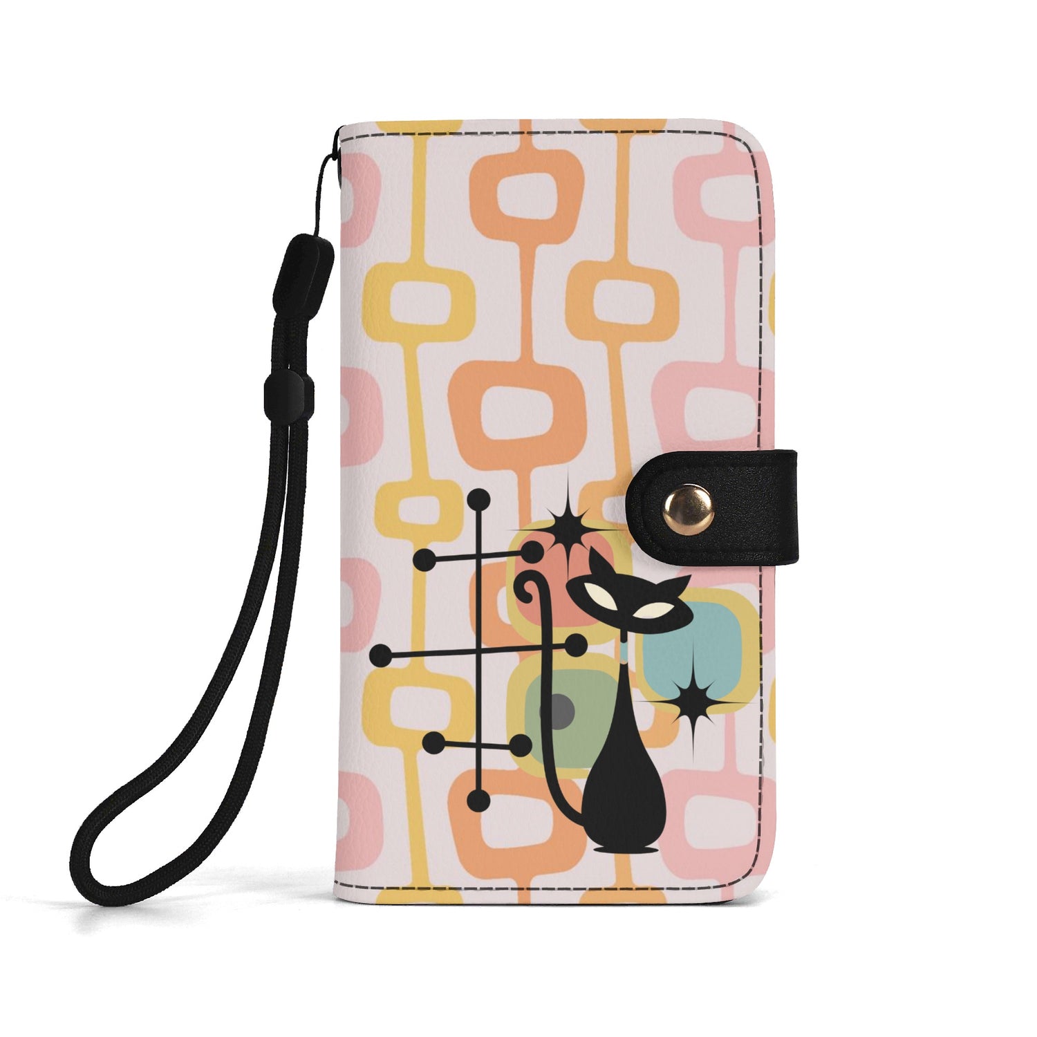 Atomic Cat Mid Mod Pink Orange Yellow Phone Flip Case Wristlet - Mid Century Modern Gal