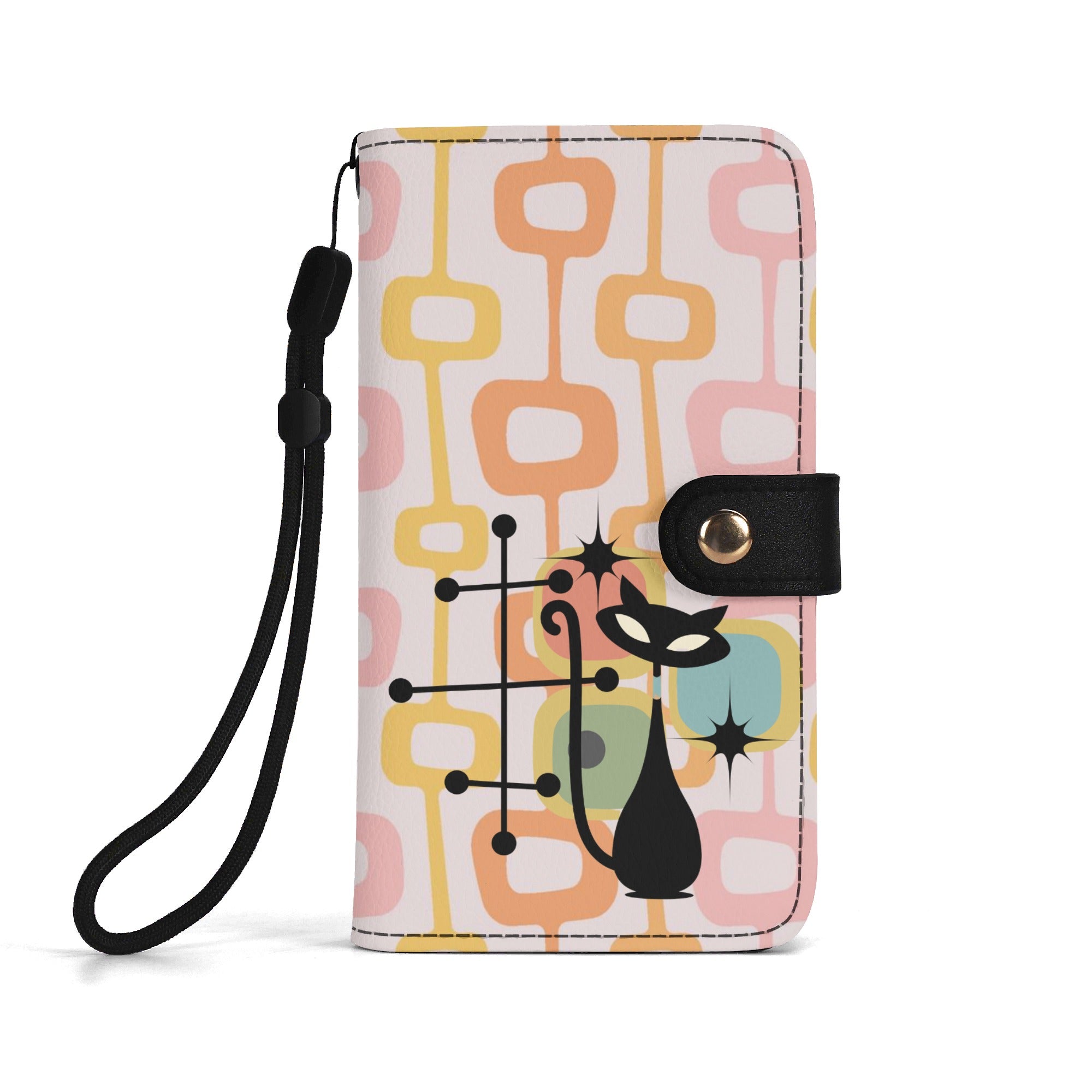 Atomic Cat Mid Mod Pink Orange Yellow Phone Flip Case Wristlet - Mid Century Modern Gal