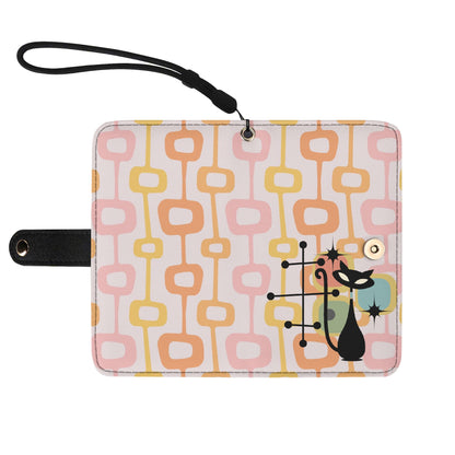 Atomic Cat Mid Mod Pink Orange Yellow Phone Flip Case Wristlet - Mid Century Modern Gal