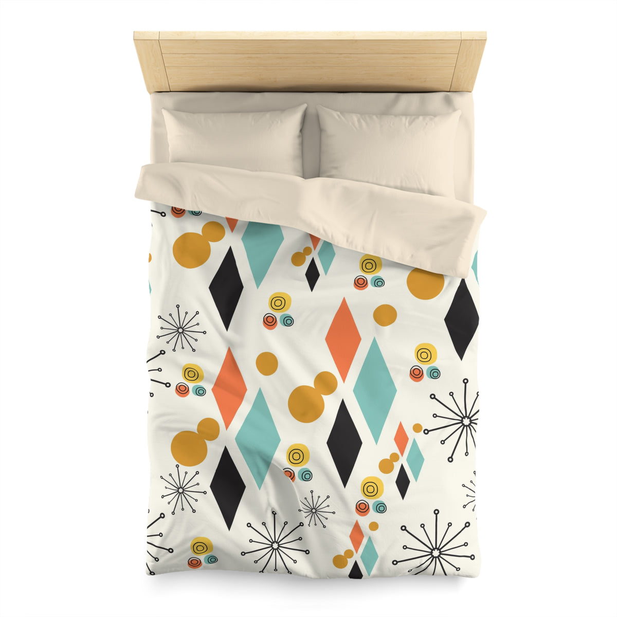 Mid Century Modern Bedding,  Atomic Diamond, Sputnik,Beige, Aqua, Coral,Mustard Yellow, Retro Mod Duvet Covers - Mid Century Modern Gal
