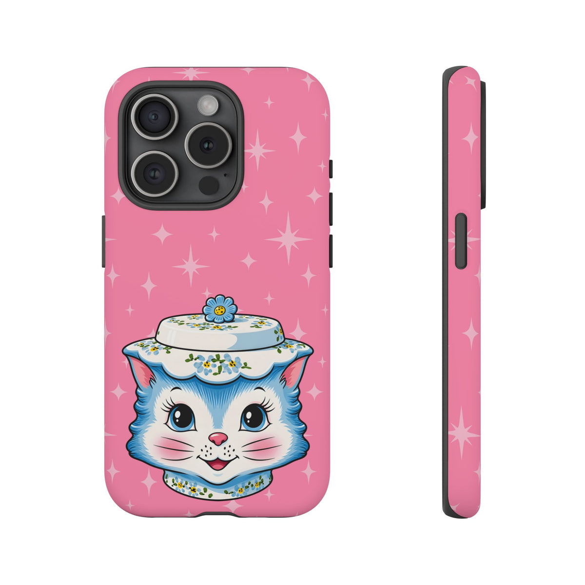 Mid Century Modern Kitschy Anthropomorphic Blue Cat with Floral Hat Tough Phone Case