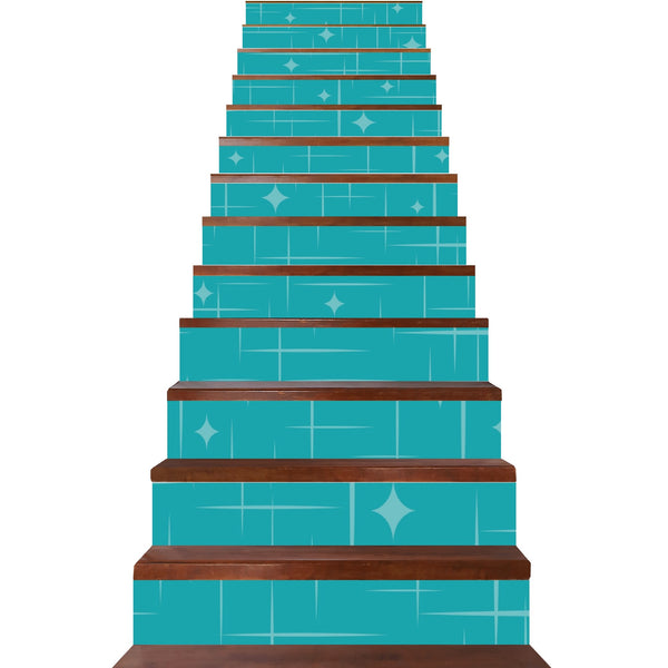 Mid Century Modern Atomic Starburst Teal Designed Stair Riser Peel And Stick