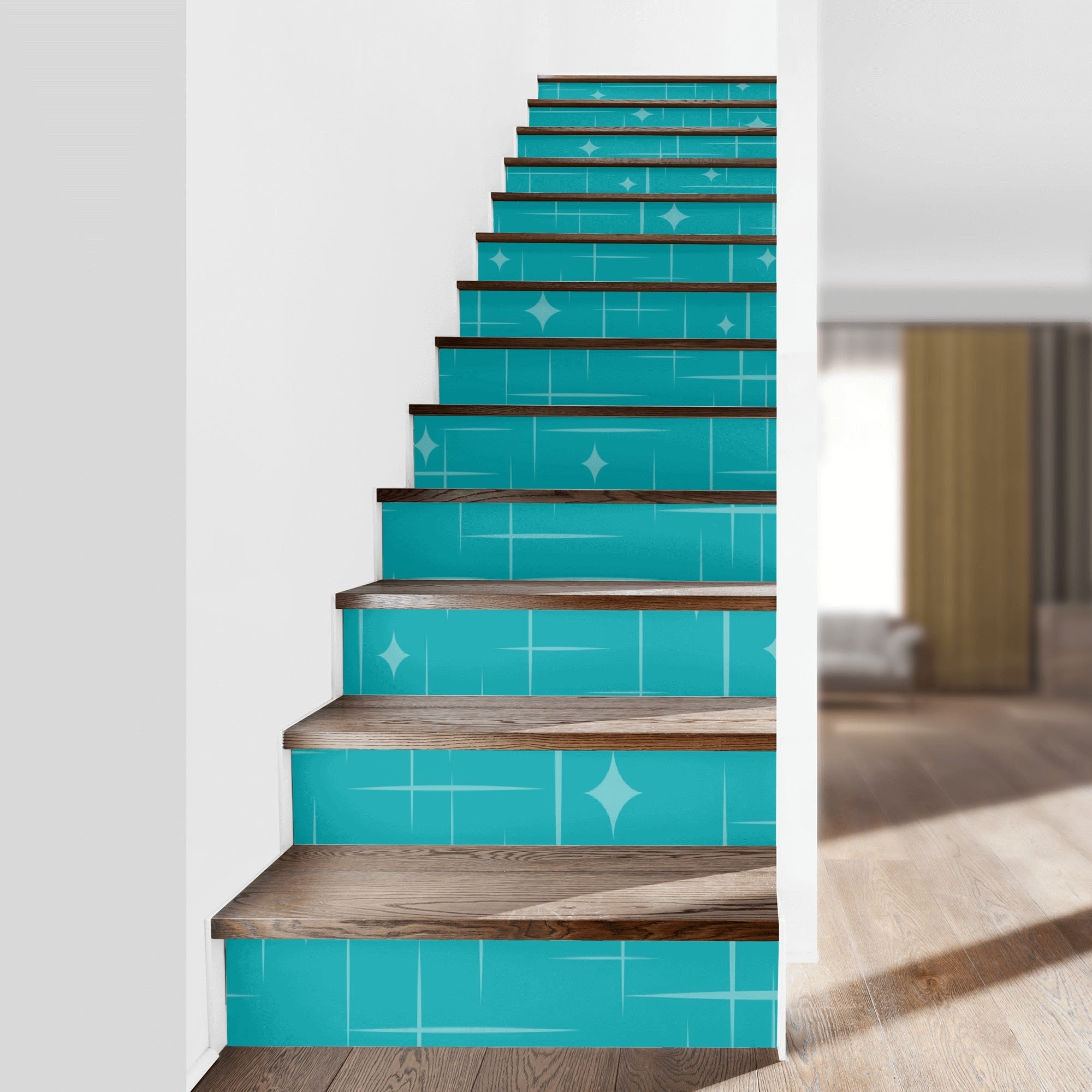 Mid Century Modern Atomic Starburst Teal Designed Stair Riser Peel And Stick - Mid Century Modern Gal