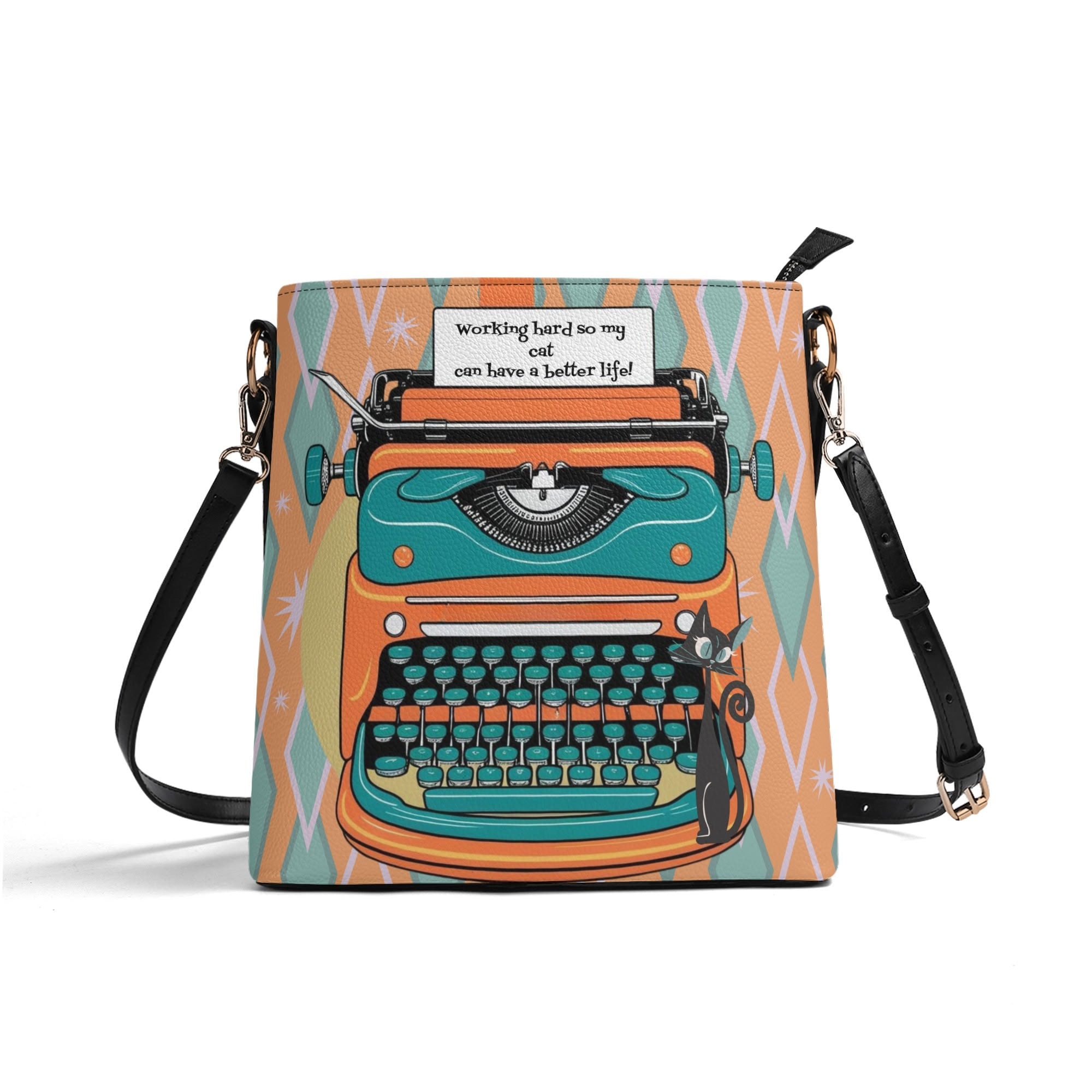 Atomic Cat Retro Typewriter Bucket Shoulder Bag, Funny, I Work Hard So My Cat Can Have A Better Life  Fashion Bag, Orange, Teal Reversible Design By MCM Gal, Mid Century Mod Kitschy Trendy Purse - Mid Century Modern Gal