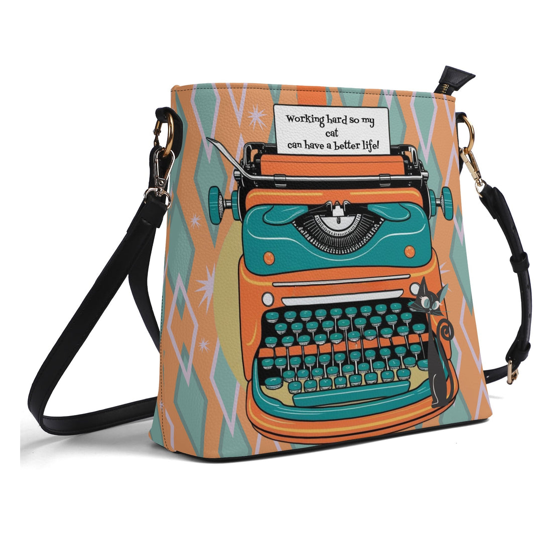 Atomic Cat Retro Typewriter Bucket Shoulder Bag, Funny, I Work Hard So My Cat Can Have A Better Life  Fashion Bag, Orange, Teal Reversible Design By MCM Gal, Mid Century Mod Kitschy Trendy Purse - Mid Century Modern Gal