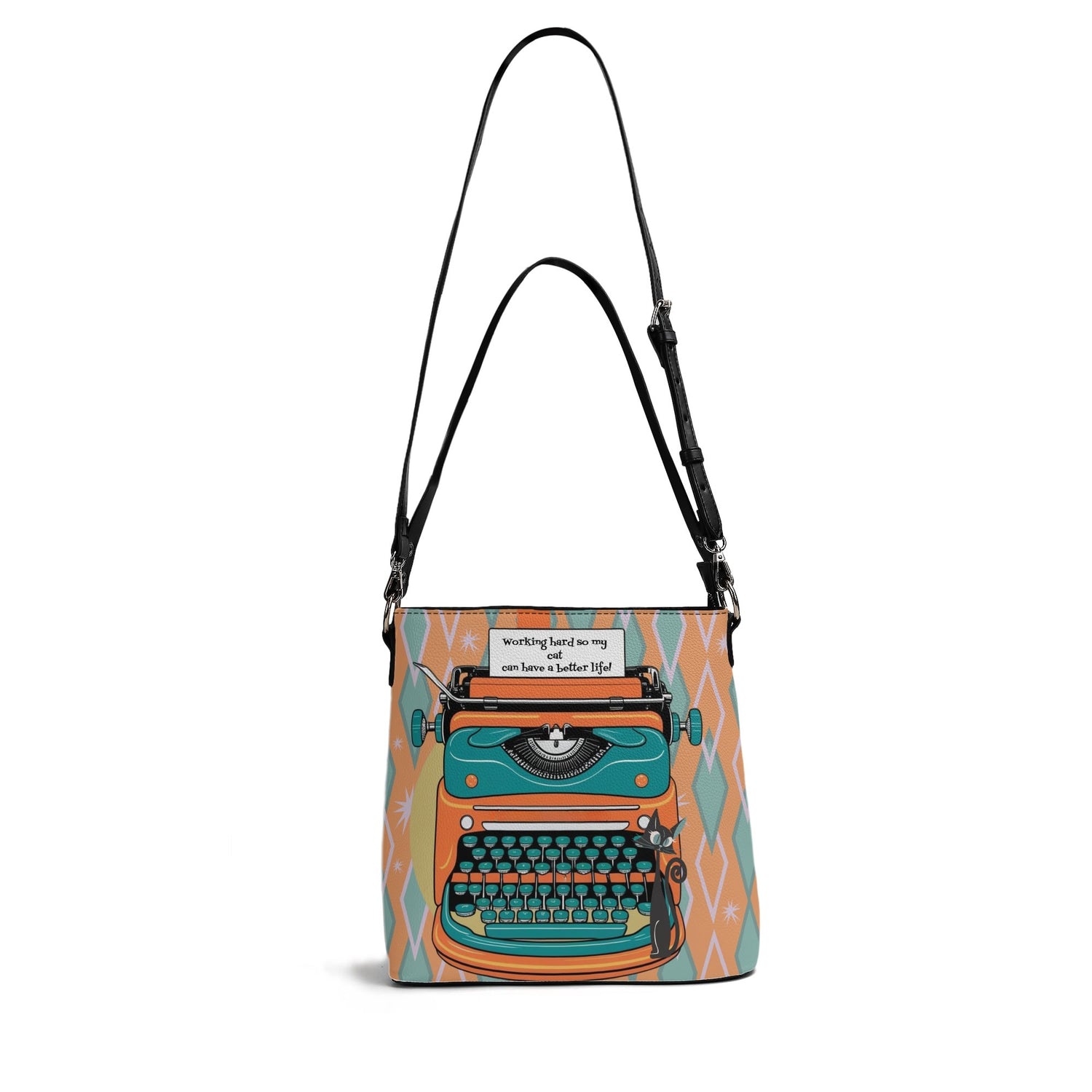 Atomic Cat Retro Typewriter Bucket Shoulder Bag, Funny, I Work Hard So My Cat Can Have A Better Life  Fashion Bag, Orange, Teal Reversible Design By MCM Gal, Mid Century Mod Kitschy Trendy Purse - Mid Century Modern Gal