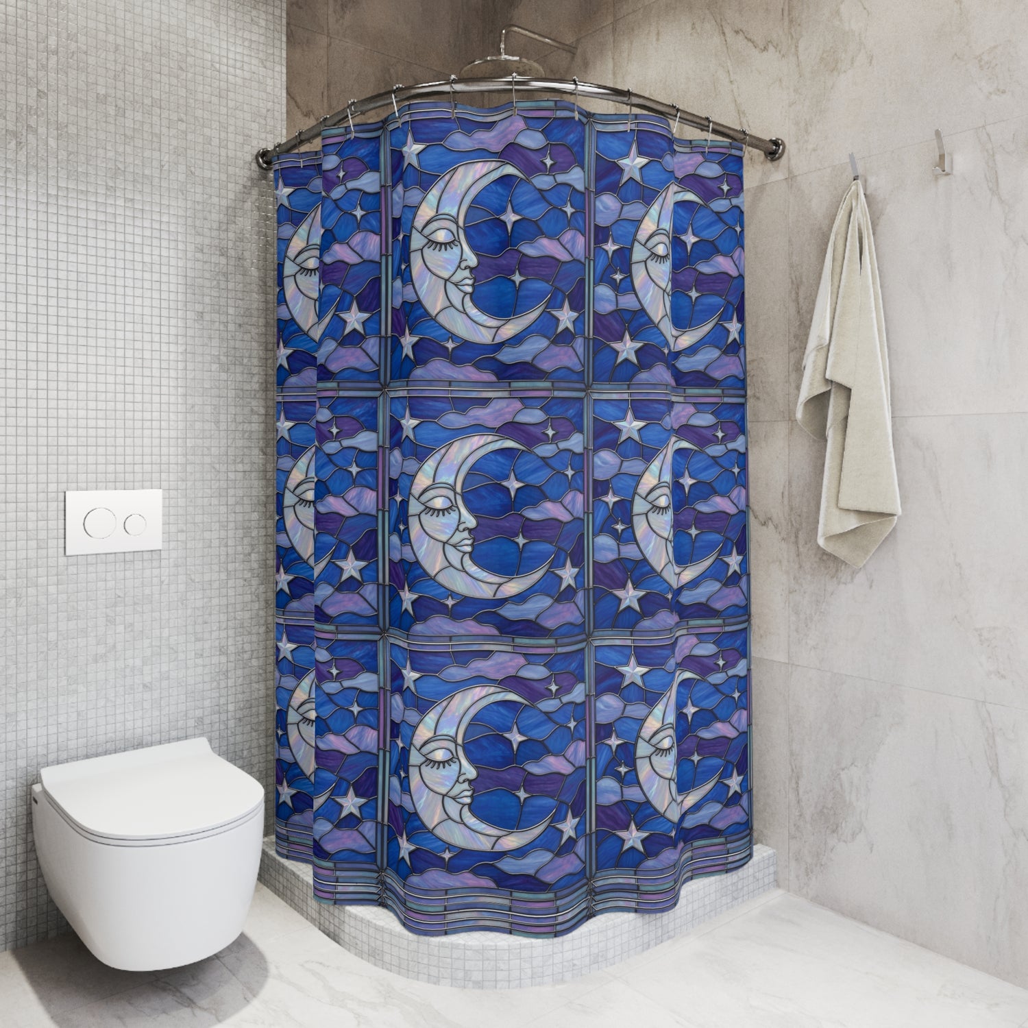 Halloween Stained Glass Style Night Sky Moon Stars Clouds Shower Curtain - Mid Century Modern Gal