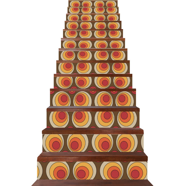 Mid Century Modern Space Orbs, Brown Orange Yellow Groovy Mod Stair Riser Peel And Stick