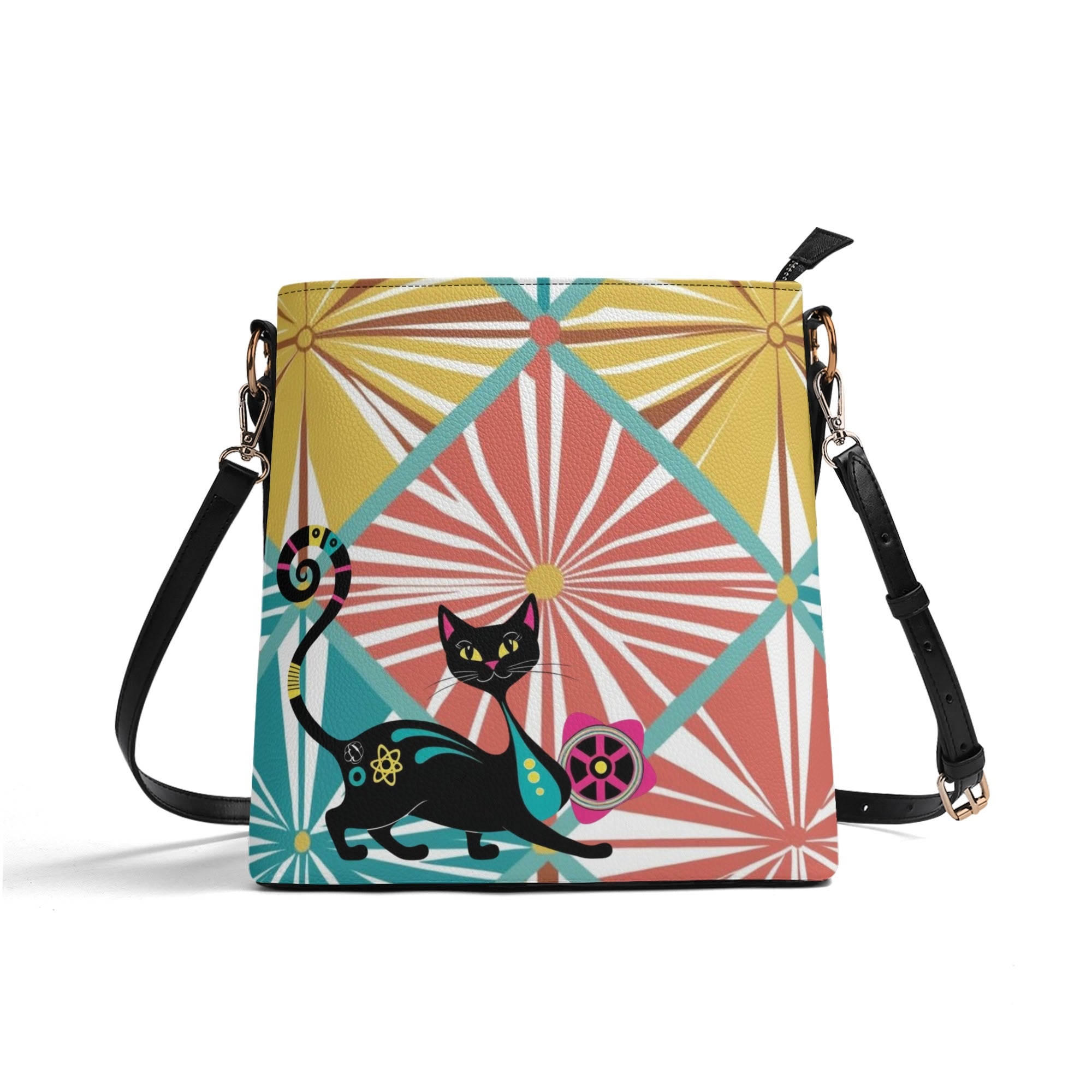 Atomic Cat Bucket Shoulder Bag, Atomic 50s Fashion Bag, Mid Mod Design By MCM Gal, Mid Century Mod Kitschy Trendy Purse - Mid Century Modern Gal