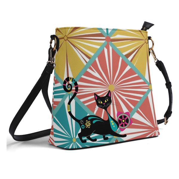 Atomic Cat Bucket Shoulder Bag, Atomic 50s Fashion Bag, Mid Mod Design By MCM Gal, Mid Century Mod Kitschy Trendy Purse