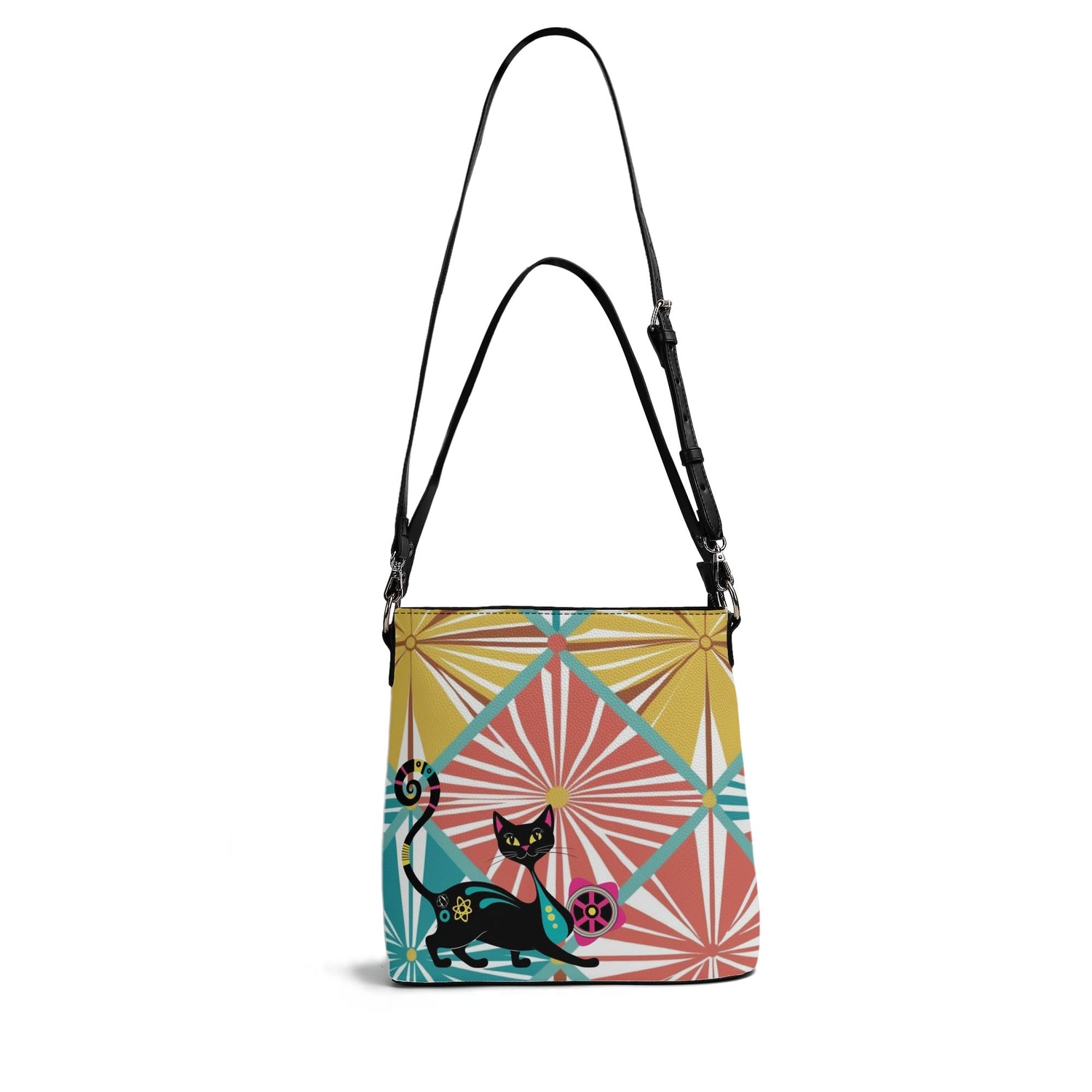 Atomic Cat Bucket Shoulder Bag, Atomic 50s Fashion Bag, Mid Mod Design By MCM Gal, Mid Century Mod Kitschy Trendy Purse - Mid Century Modern Gal