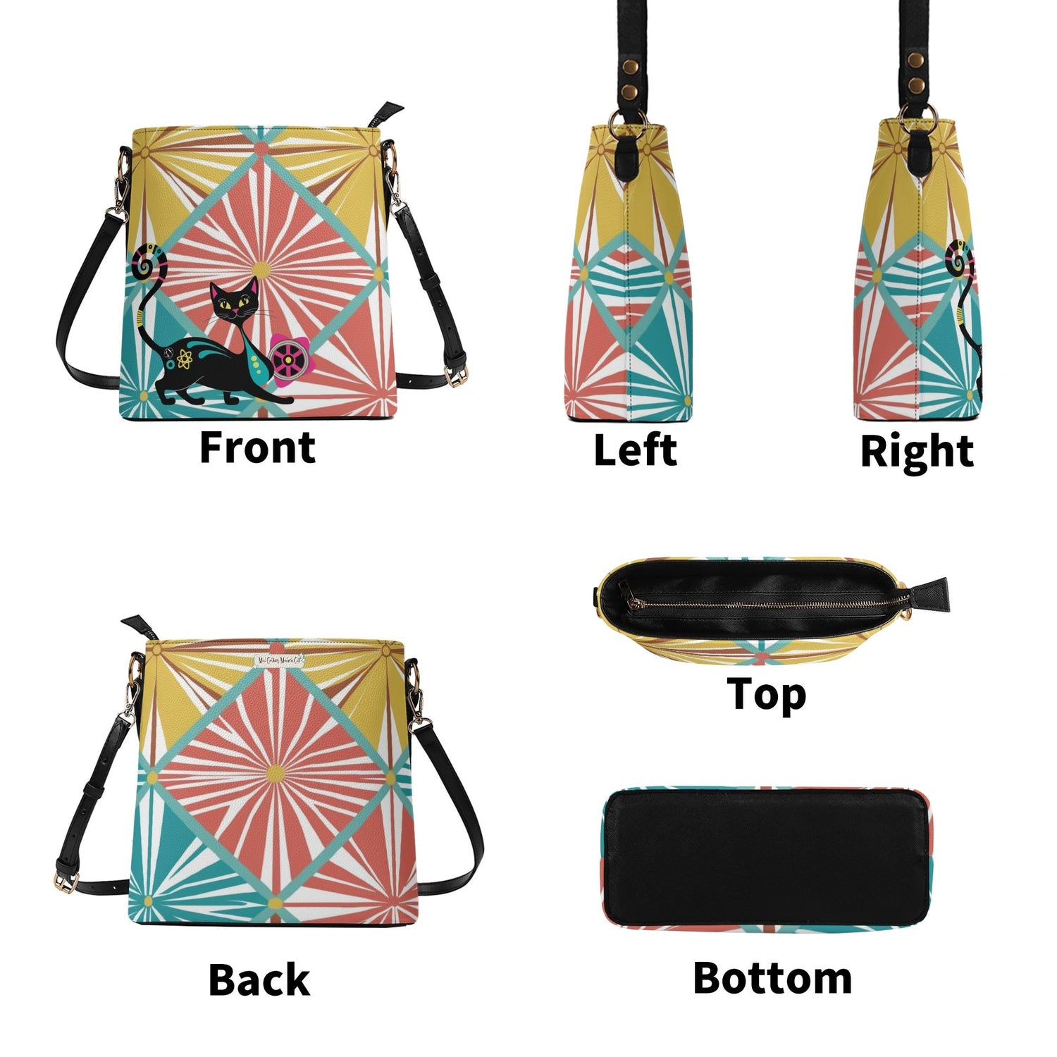 Atomic Cat Bucket Shoulder Bag, Atomic 50s Fashion Bag, Mid Mod Design By MCM Gal, Mid Century Mod Kitschy Trendy Purse - Mid Century Modern Gal