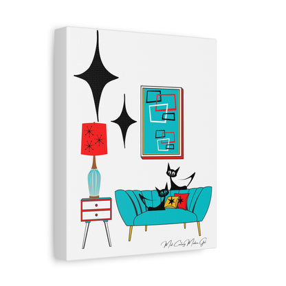 Mid Century Modern Wall Art, Atomic Cat Living Room Retro. Teal Blue, Red, Black Canvas Art - Mid Century Modern Gal