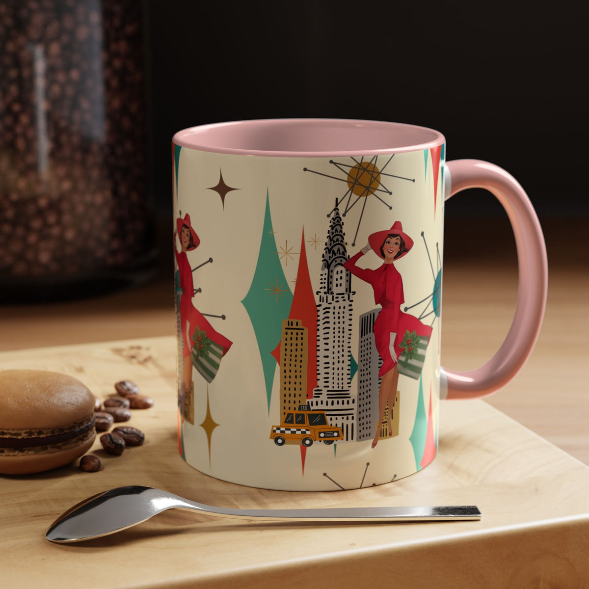 Mid Century Modern Kitschy Christmas Gal, Franciscan Starburst Diamond Retro Chic Accent Coffee Mug - Vintage Cityscape Design - Mid Century Modern Gal