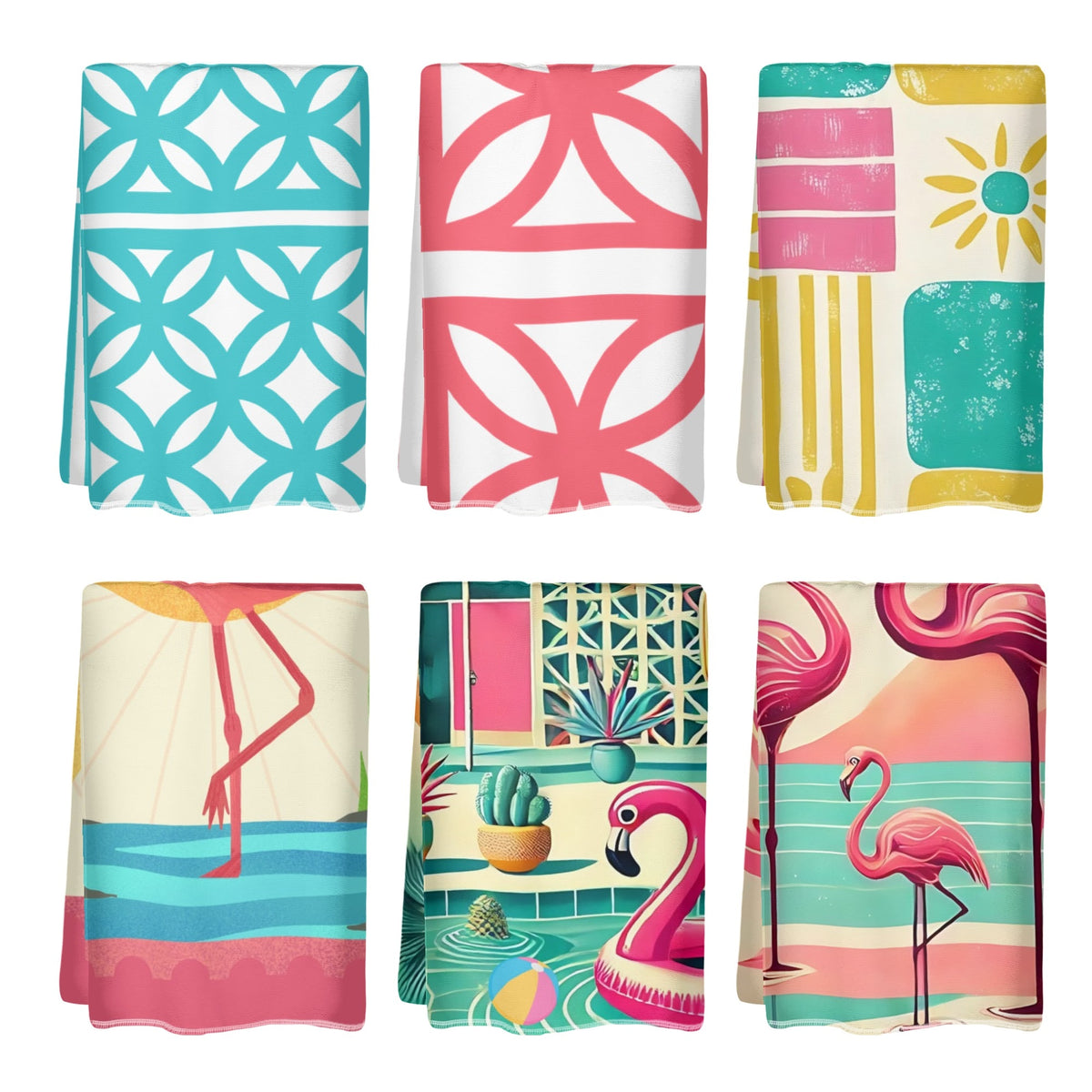 Flamingo And Breeze Block Kitschy Mid Century Modern Designed Kitchen Bath Hand Towels - Mid Century Modern Gal