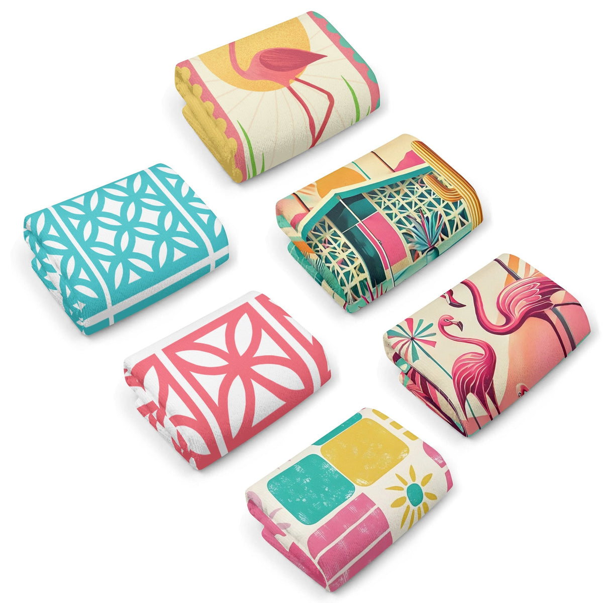 Flamingo And Breeze Block Kitschy Mid Century Modern Designed Kitchen Bath Hand Towels - Mid Century Modern Gal