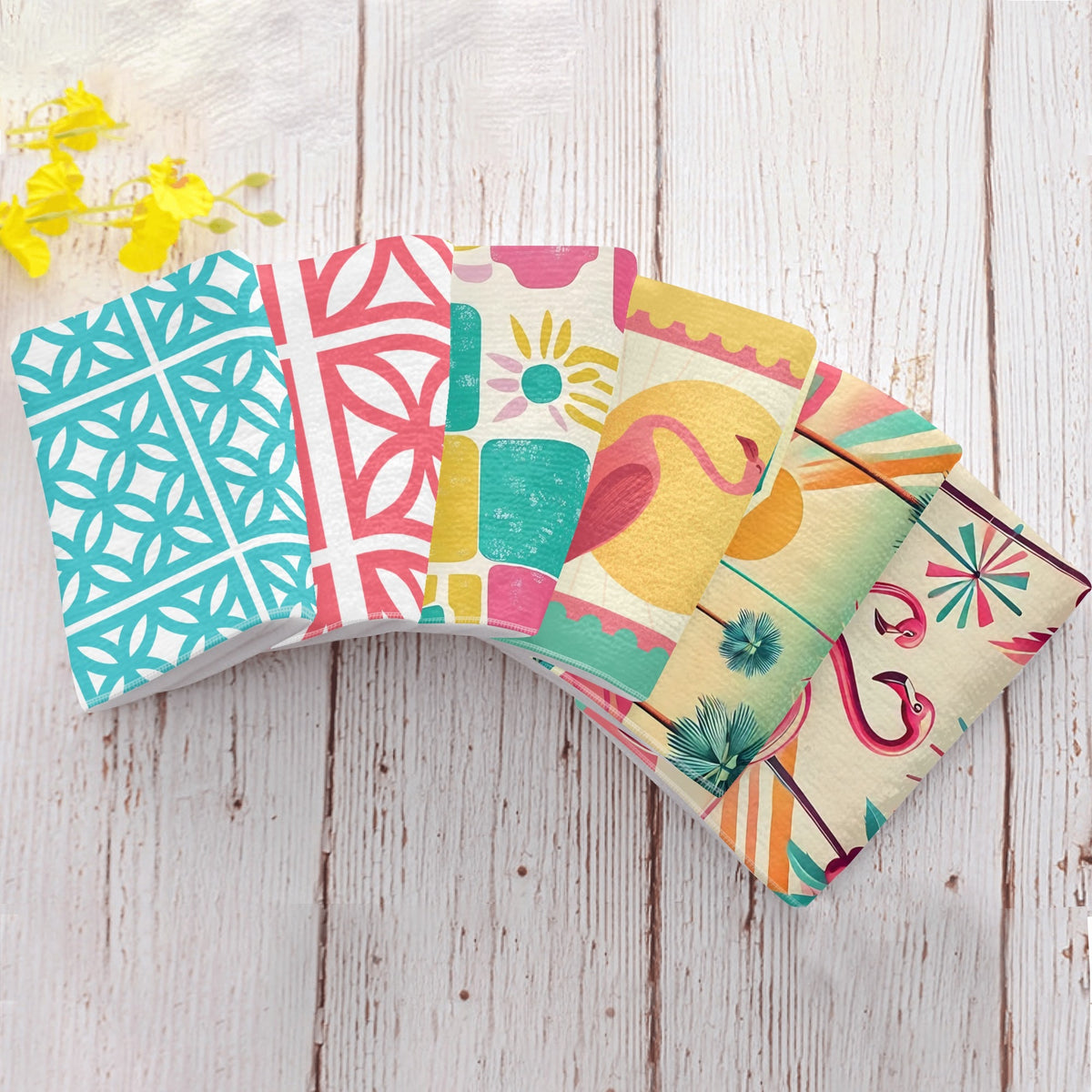 Flamingo And Breeze Block Kitschy Mid Century Modern Designed Kitchen Bath Hand Towels - Mid Century Modern Gal