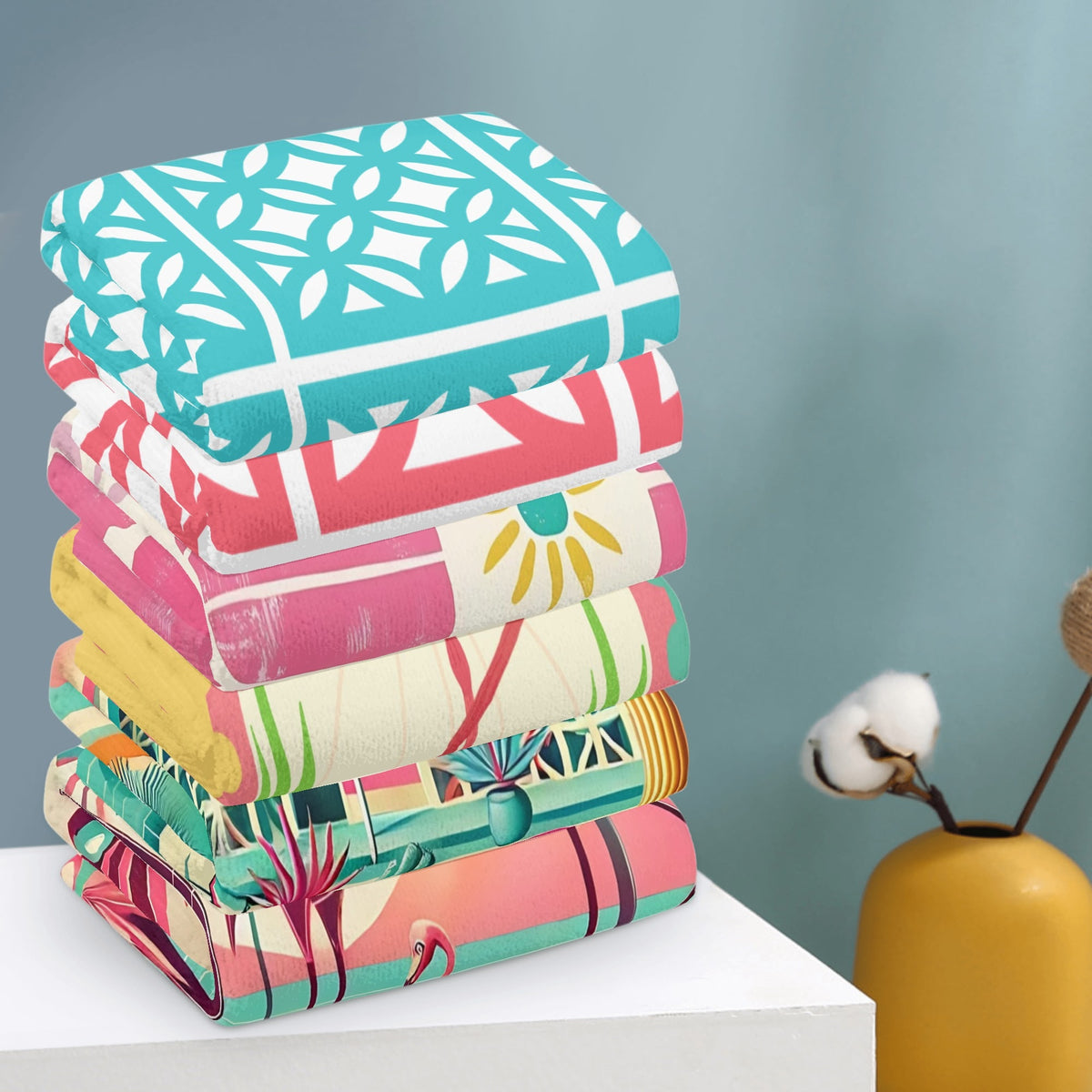 Flamingo And Breeze Block Kitschy Mid Century Modern Designed Kitchen Bath Hand Towels - Mid Century Modern Gal