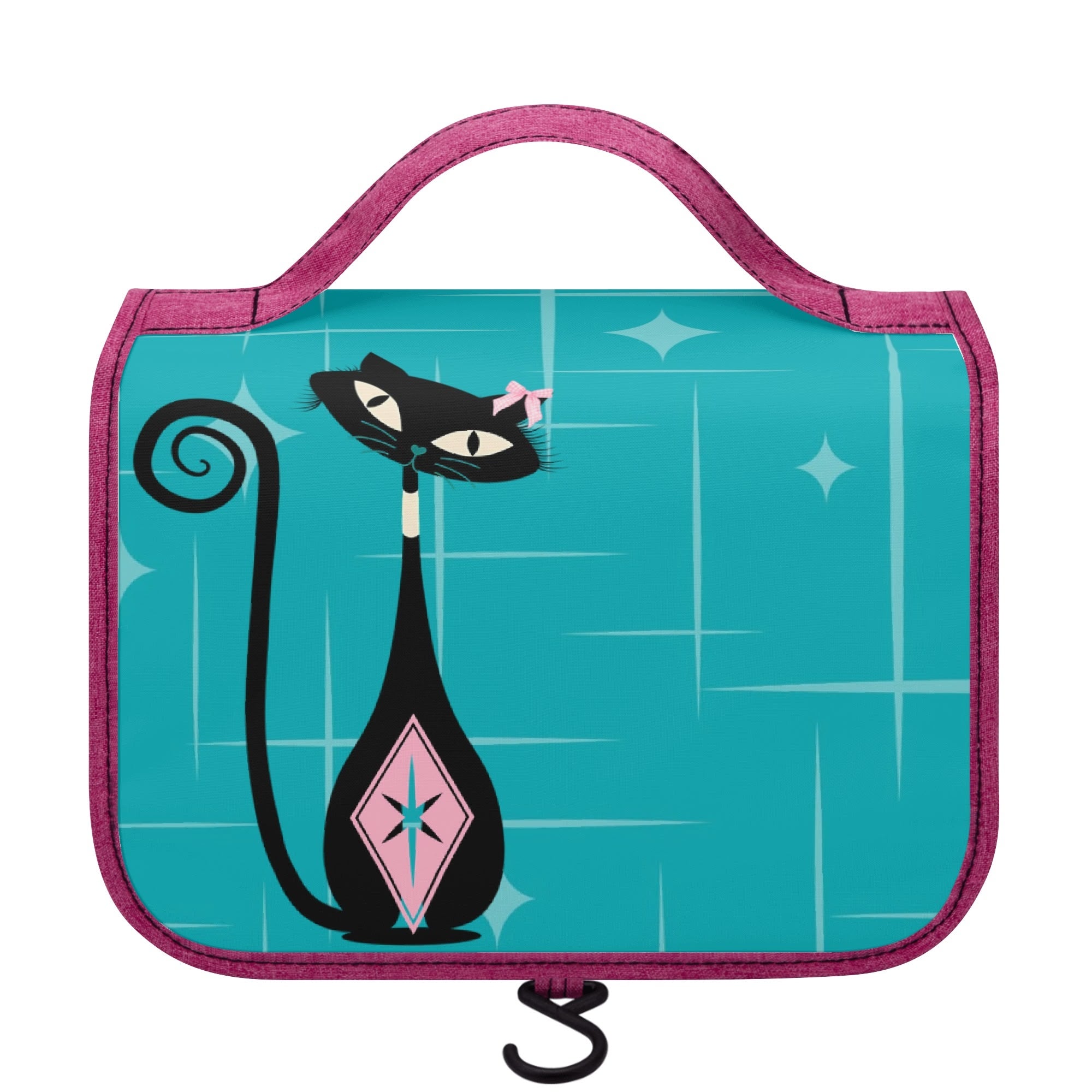 Atomic Cat, Pink, Teal Mid Century Modern Retro Kitschy Fun Toiletry Cosmetic Travel Bag - Mid Century Modern Gal