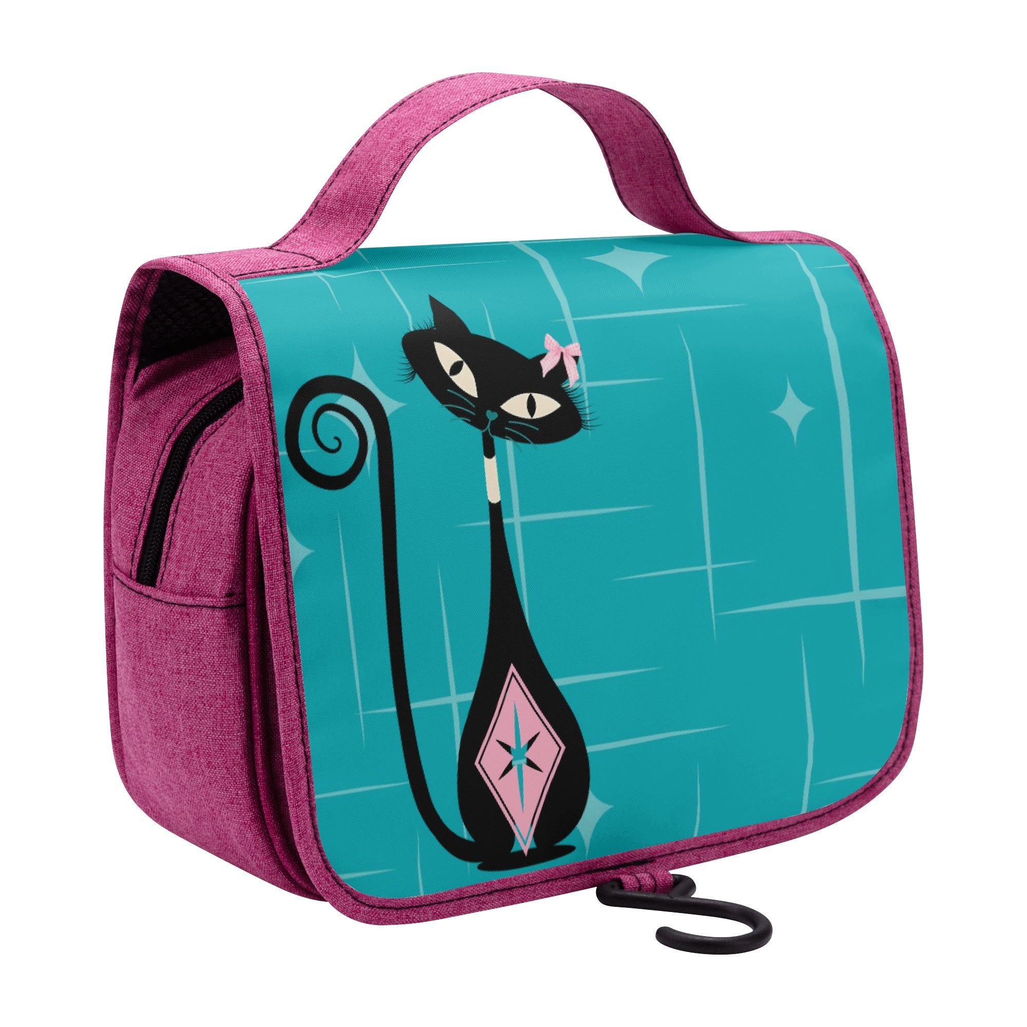 Atomic Cat, Pink, Teal Mid Century Modern Retro Kitschy Fun Toiletry Cosmetic Travel Bag - Mid Century Modern Gal