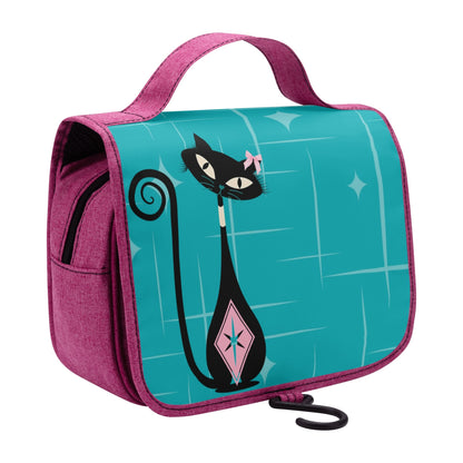 Atomic Cat, Pink, Teal Mid Century Modern Retro Kitschy Fun Toiletry Cosmetic Travel Bag - Mid Century Modern Gal