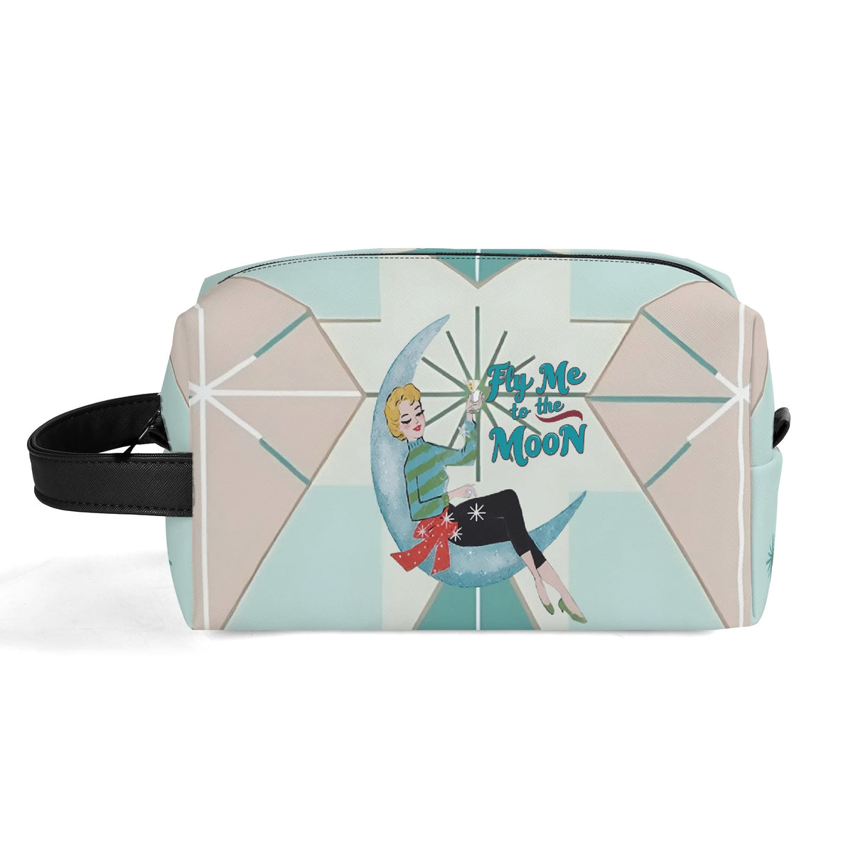 Kitschy Mod Gal Travel Toiletry Bag, Fly Me To The Moon Atomic Starbursts Cosmetic Organizer - Mid Century Modern Gal