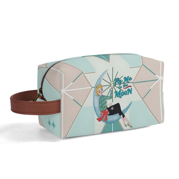Kitschy Mod Gal Travel Toiletry Bag, Fly Me To The Moon Atomic Starbursts Cosmetic Organizer