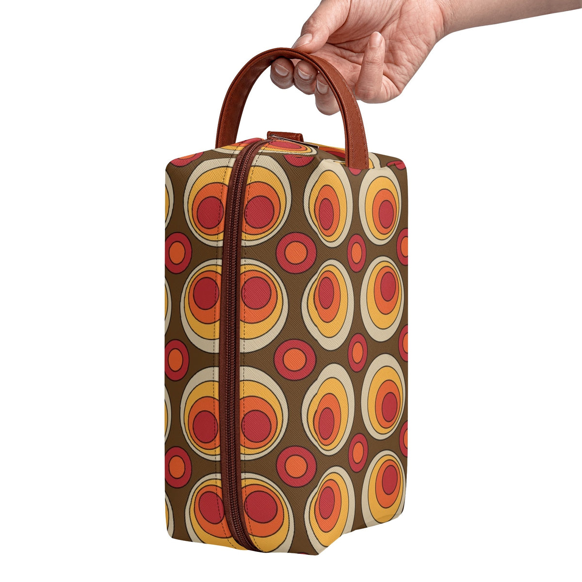 Retro Groovy Brown Orange Space Orbs, Mid Mod Travel Bag Makeup Cosmetics Organizer - Mid Century Modern Gal