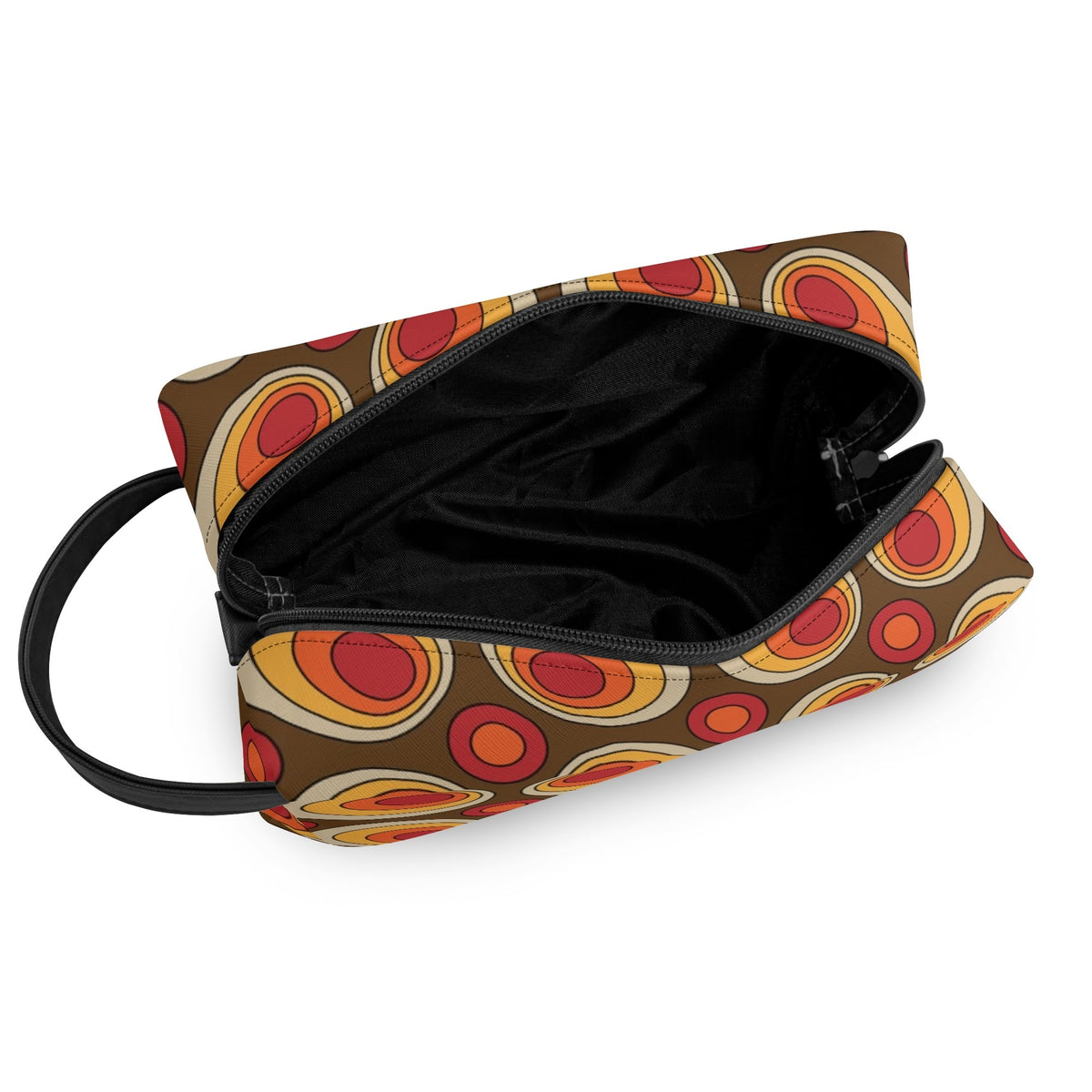 Retro Groovy Brown Orange Space Orbs, Mid Mod Travel Bag Makeup Cosmetics Organizer - Mid Century Modern Gal