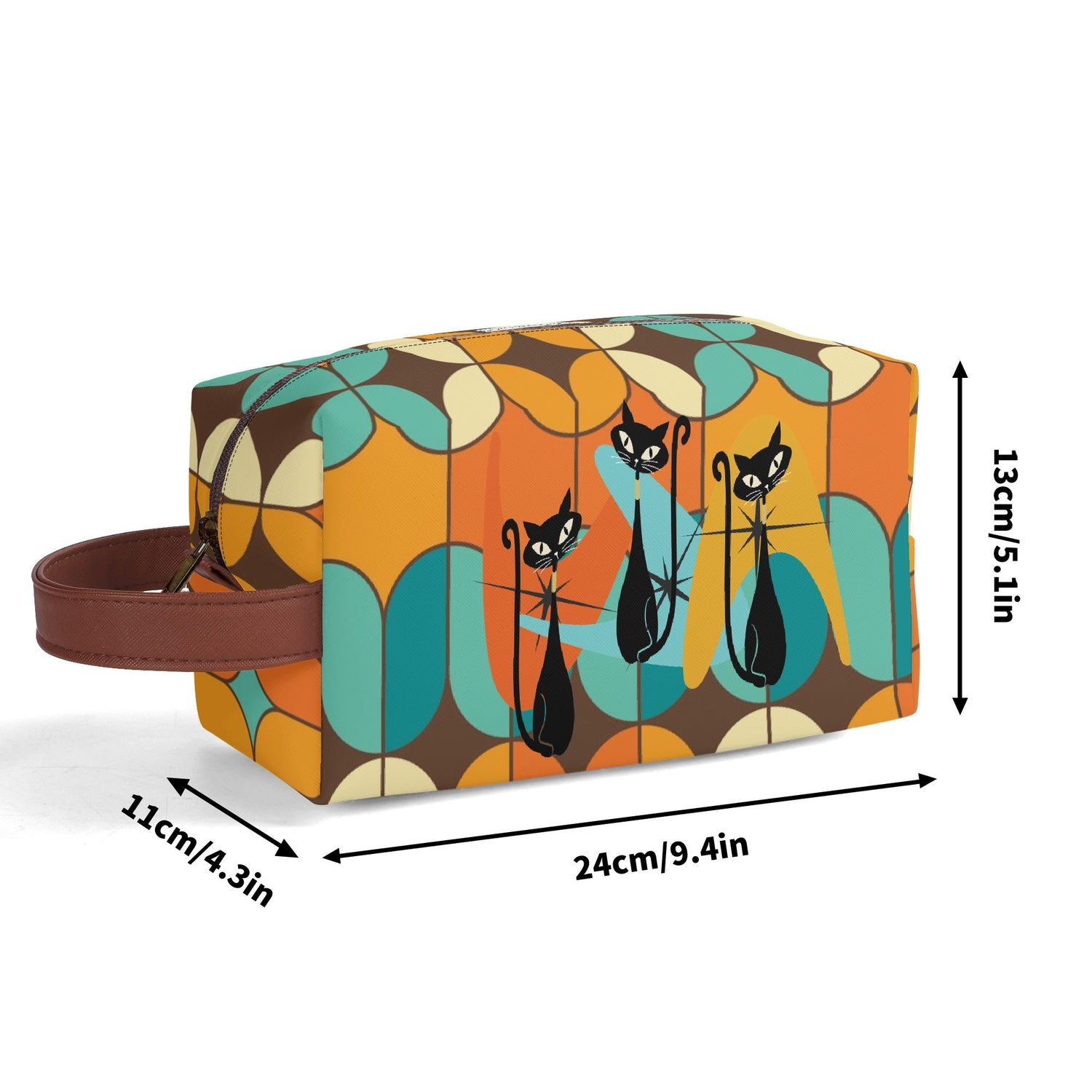 Atomic Kitschy Cats, Retro Orange, Teal Geometric Travel Bag Makeup Cosmetics Organizer - Mid Century Modern Gal