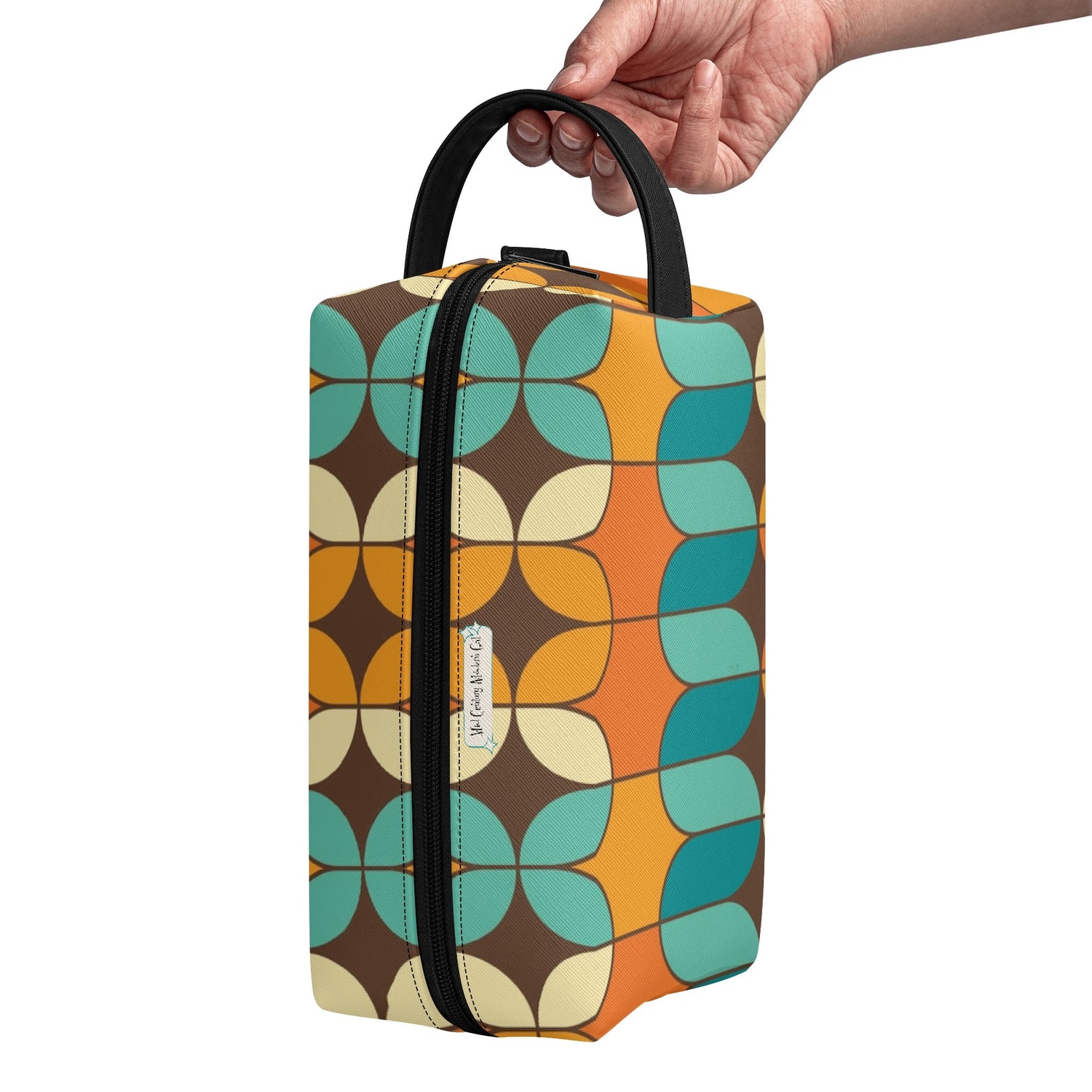 Atomic Kitschy Cats, Retro Orange, Teal Geometric Travel Bag Makeup Cosmetics Organizer - Mid Century Modern Gal