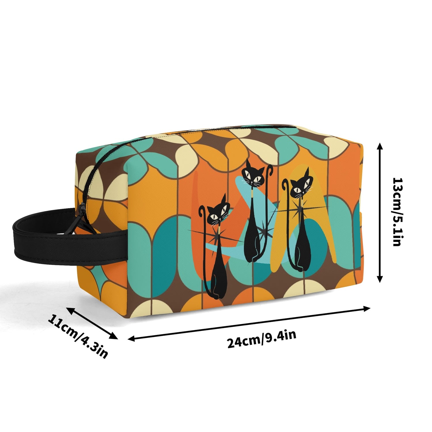 Atomic Kitschy Cats, Retro Orange, Teal Geometric Travel Bag Makeup Cosmetics Organizer - Mid Century Modern Gal