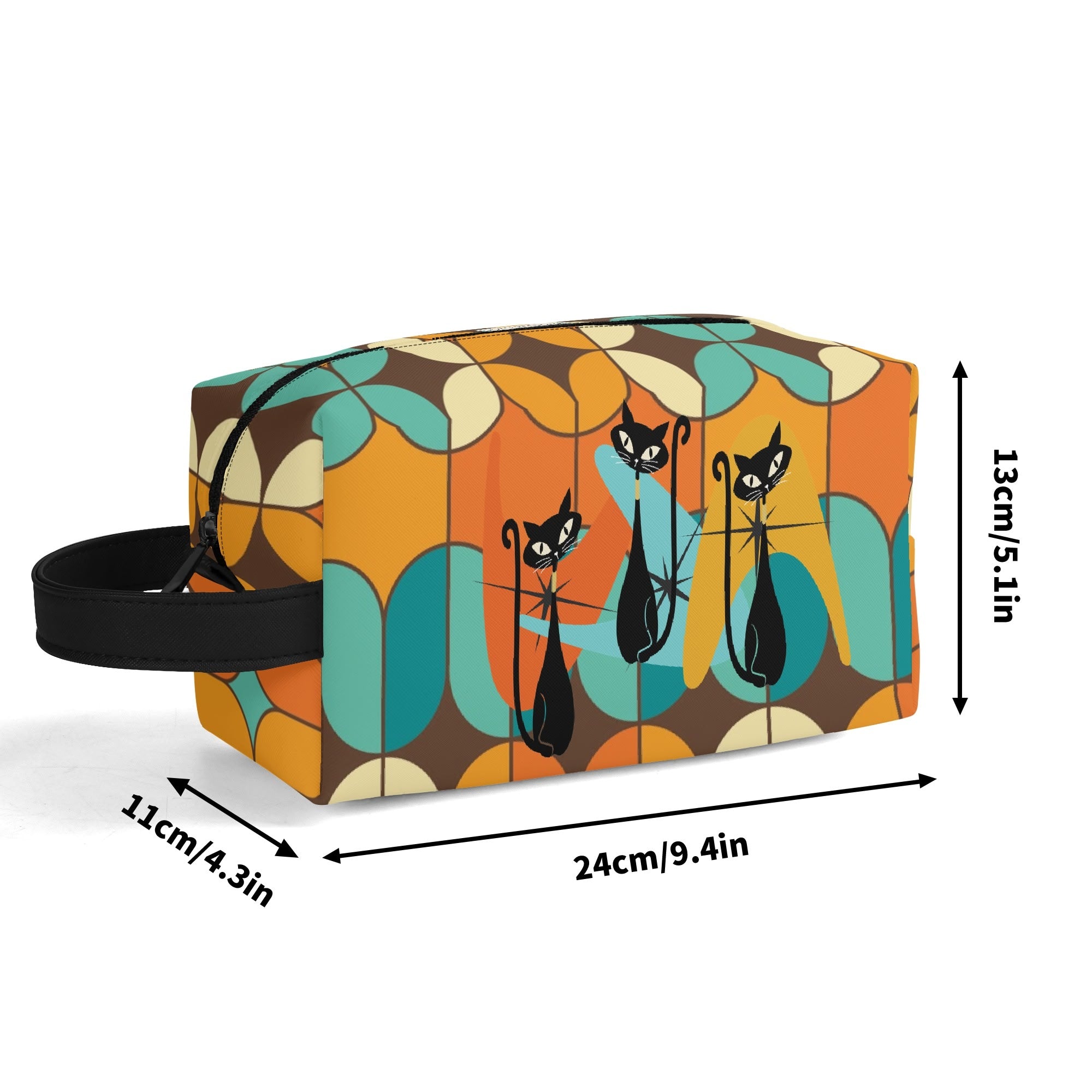 Atomic Kitschy Cats, Retro Orange, Teal Geometric Travel Bag Makeup Cosmetics Organizer - Mid Century Modern Gal