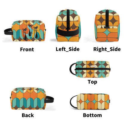 Atomic Kitschy Cats, Retro Orange, Teal Geometric Travel Bag Makeup Cosmetics Organizer - Mid Century Modern Gal