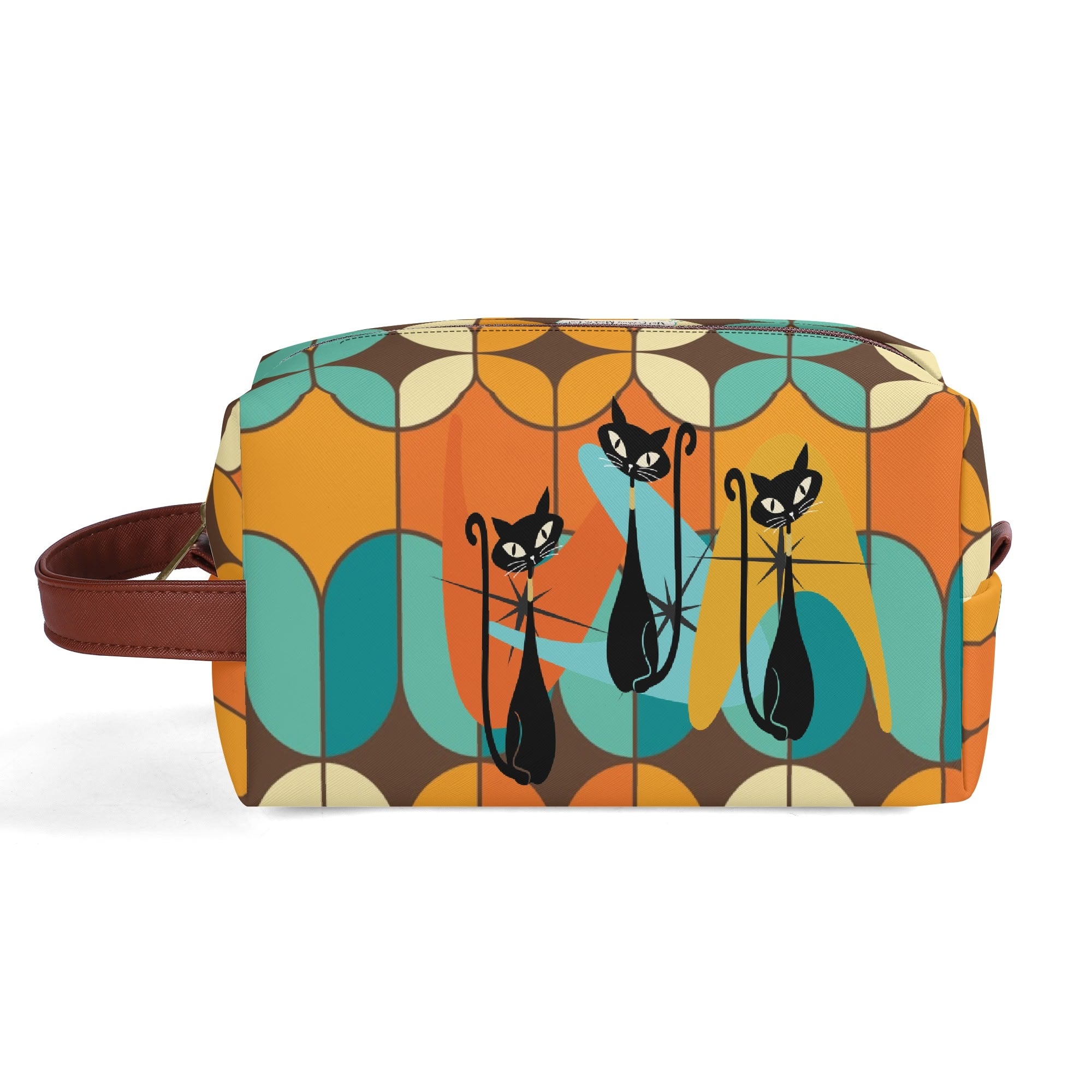 Atomic Kitschy Cats, Retro Orange, Teal Geometric Travel Bag Makeup Cosmetics Organizer - Mid Century Modern Gal